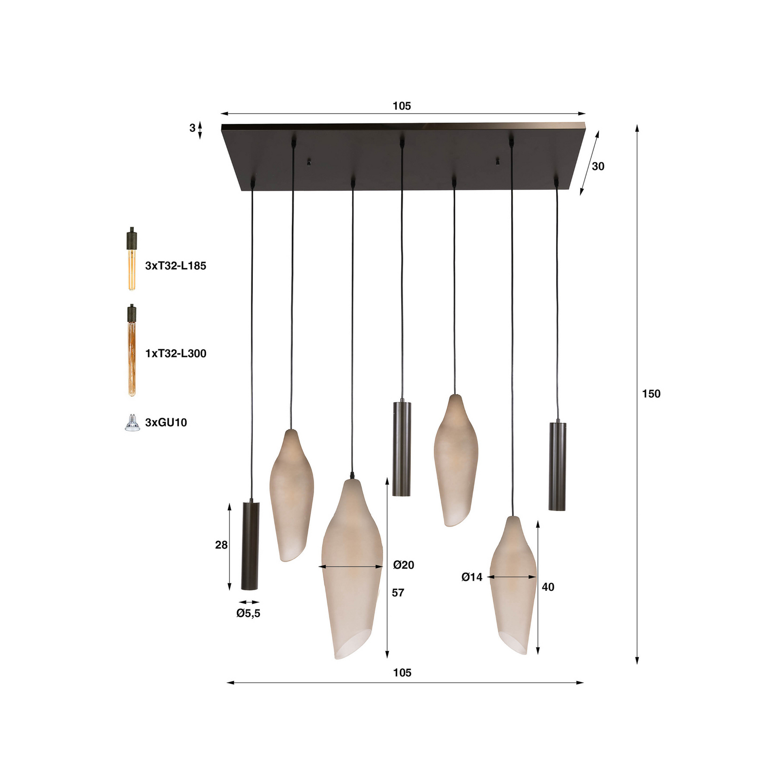 Pendelleuchte Cocoon, braun gefrostet, Glas, 7-flg. E27/GU10
