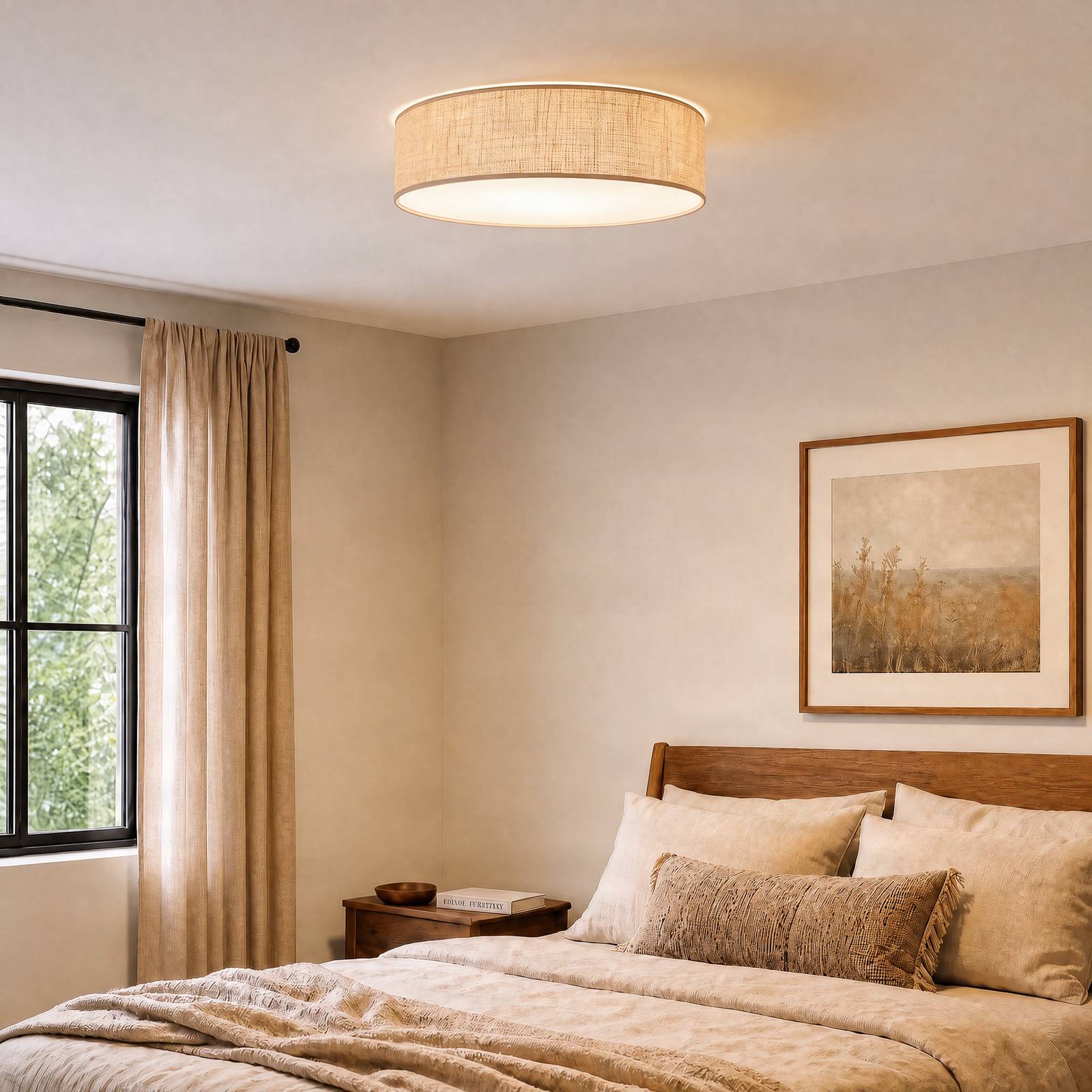 Milagro Lighting Plafondlamp Marshall, bruin, Ø 50 cm, metaal, rotan
