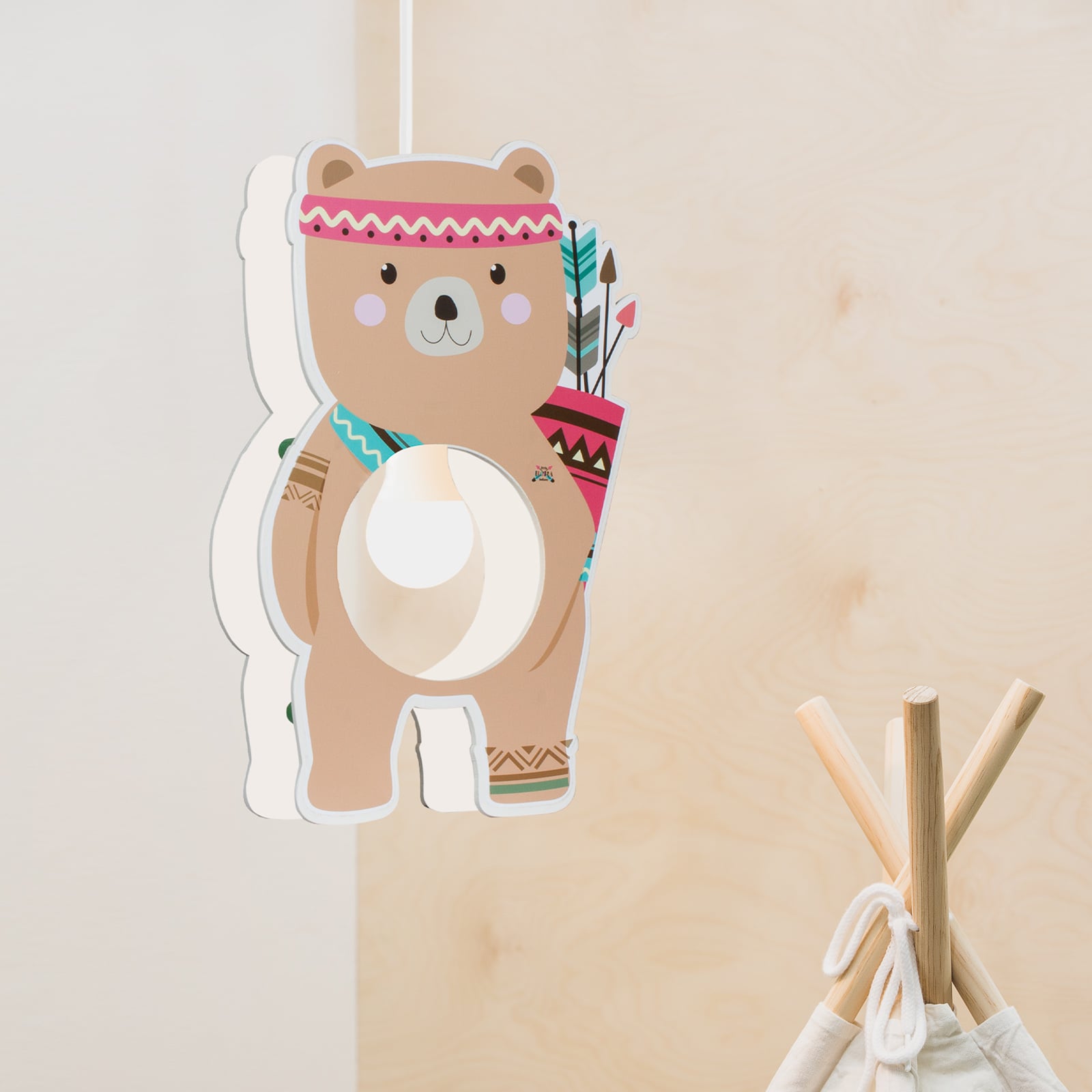 Elobra Little Indians pendant light, Bjørn Bear, brown, for Children's Room, wood, E27, 40 W, energy efficiency: A++, L: 25 cm, W: 12 cm, H: 30 cm