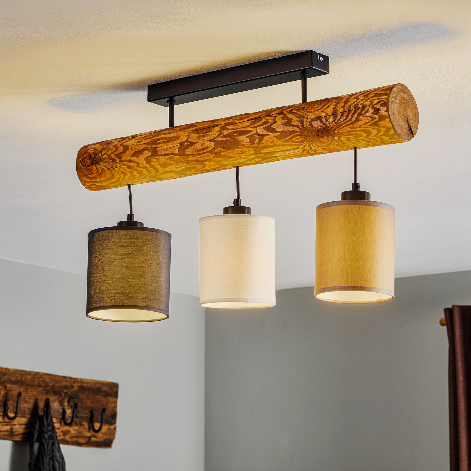 Sachiko ceiling lamp, wood, 3 fabric lampshades