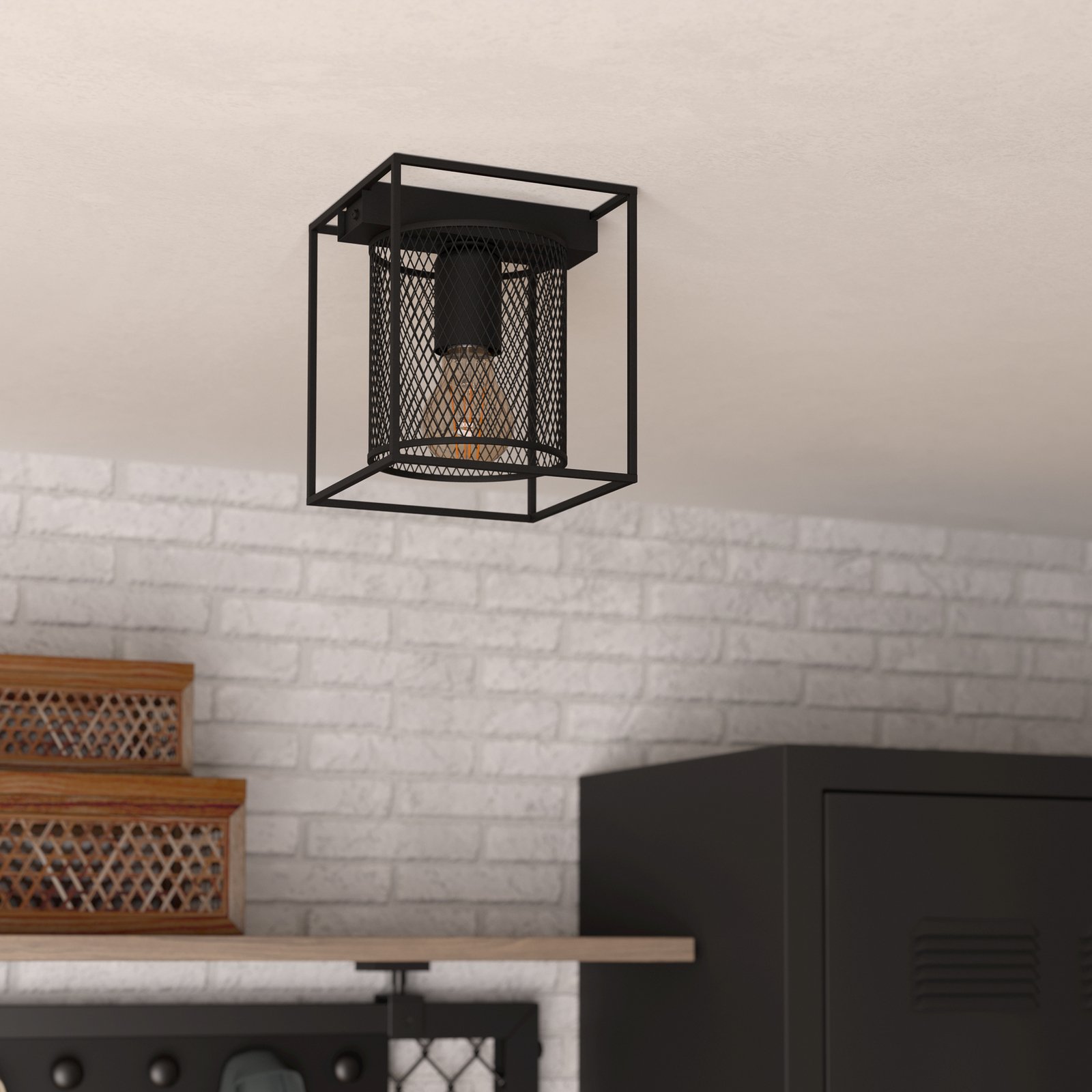 Lampa sufitowa Catterick, czarna, klatkowy klosz