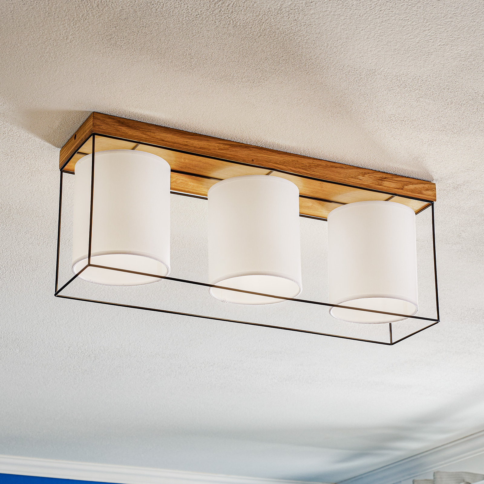 Trapper ceiling lamp, black/white/oak, 3-bulb