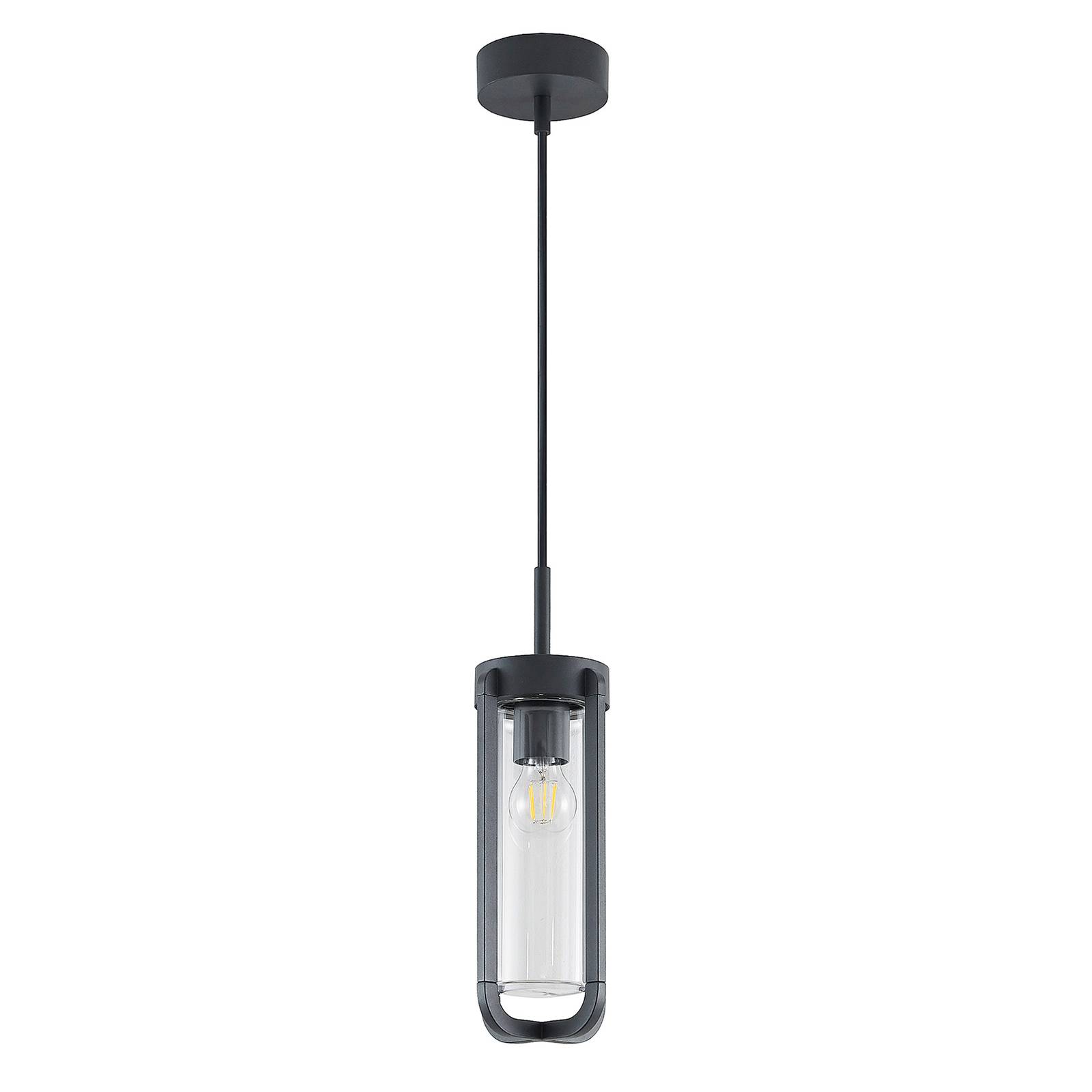Lucande Tiras outdoor hanging light, grey, IP65, die-cast aluminium, glass, E27, 15 W