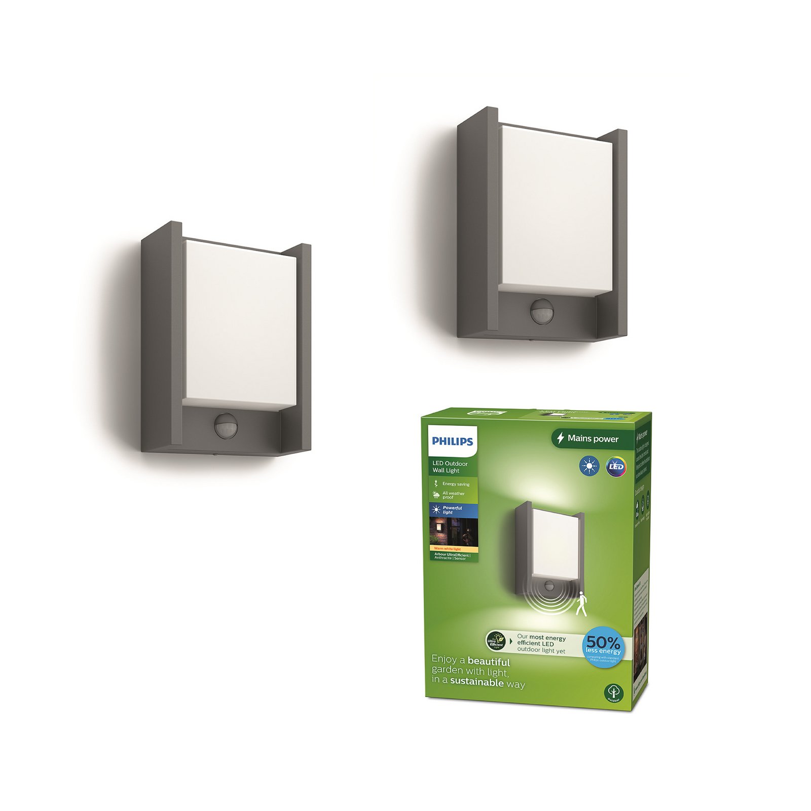 Philips LED стенна лампа Arbour UE, комплект от 2 броя, сензор, 2700 K