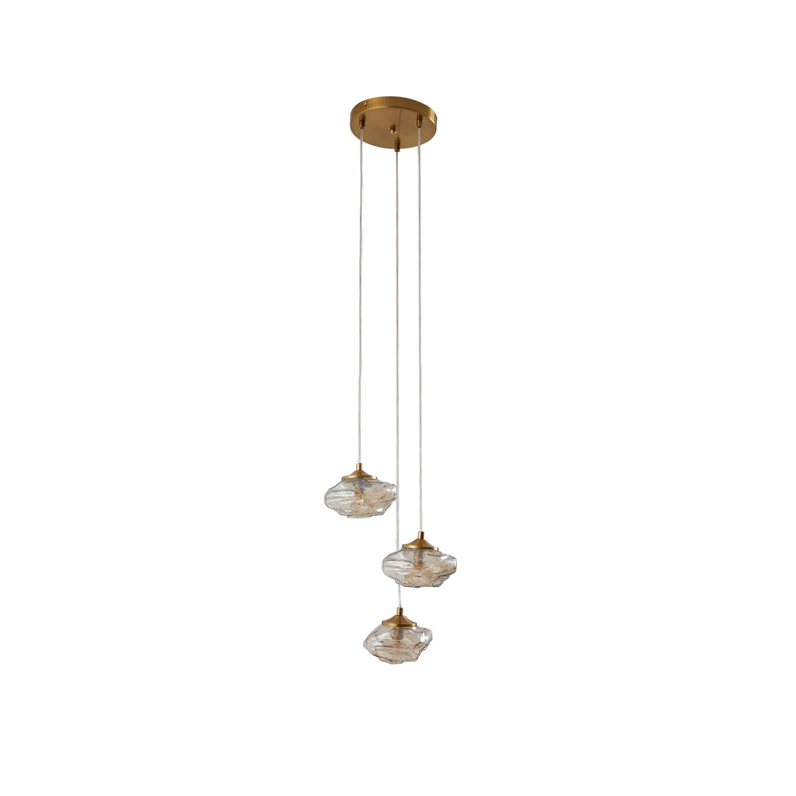 Lindby candeeiro suspenso Piatra, Ø25cm, 3 lâmpadas, conhaque/latão, vidro