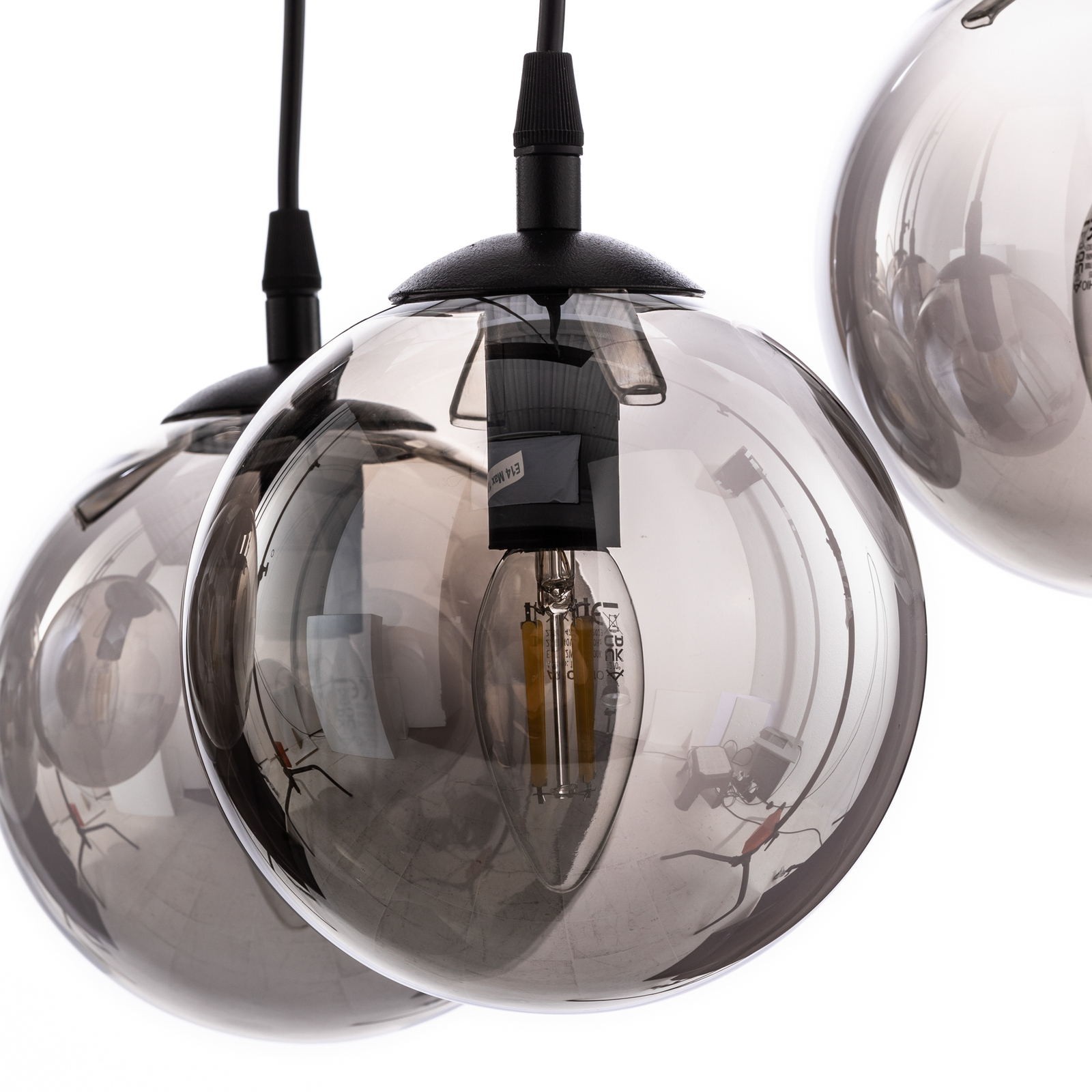Glassy pendant light, 9-bulb, black, graphite, glass, E14