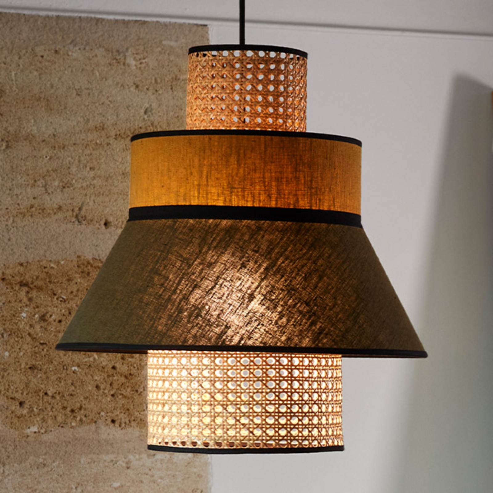 MARKET SET Singapore ML Lampă suspendată kaki/curry - Camera de zi / sufragerie - Design - lemn deschis kaki curry - Țesătură / Textil