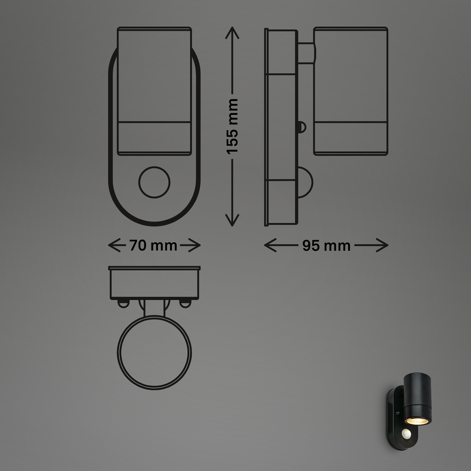 Utendørs vegglampe med sensor 3789015, svart, plast, GU10