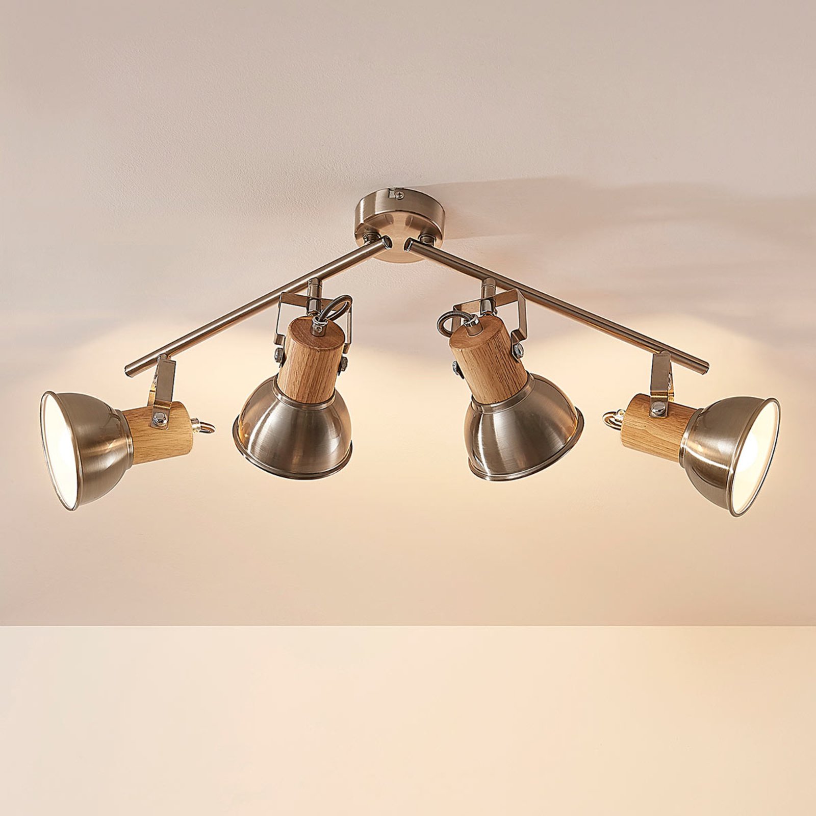 Plafondlamp Dennis met hout, 4-lamps