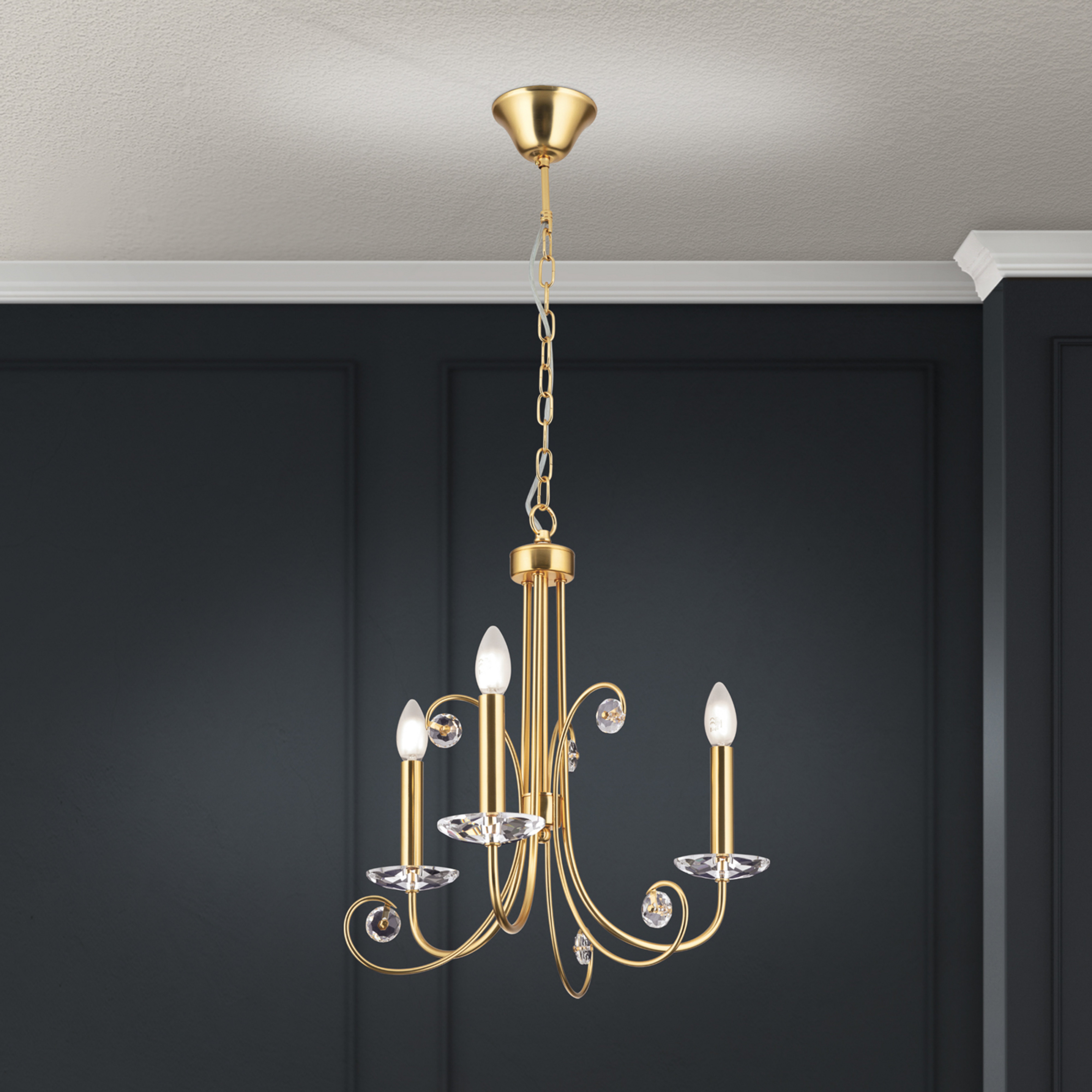 Ariane chandelier, gold-coloured, Ø 50 cm, crystal, 3-bulb.