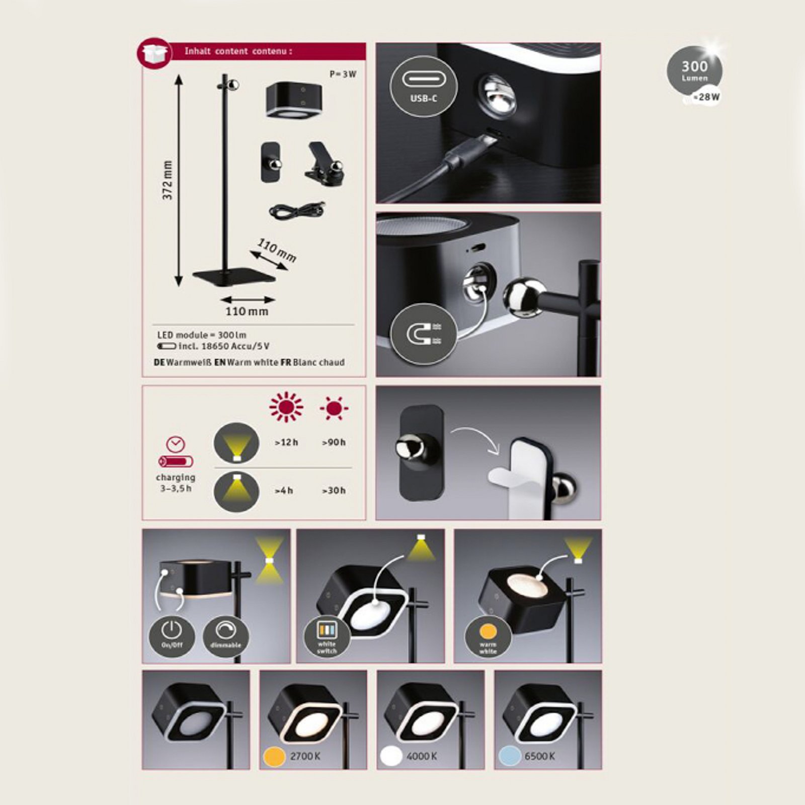 Varia hordozható asztali világítás, fekete – Paulmann