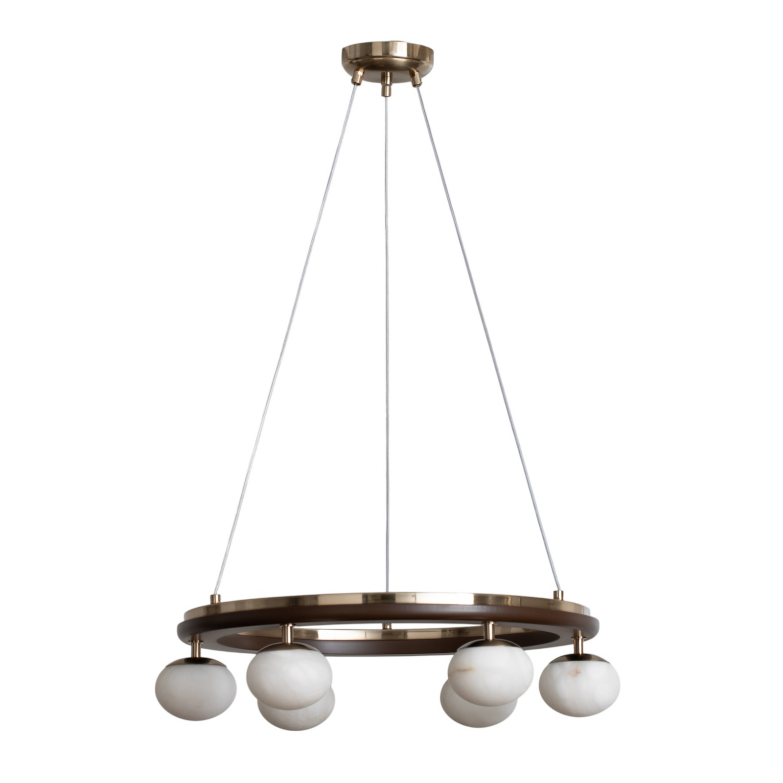 Suspension Tolosa, Ø 52 cm, laiton, à 6 lampes, verre, bois