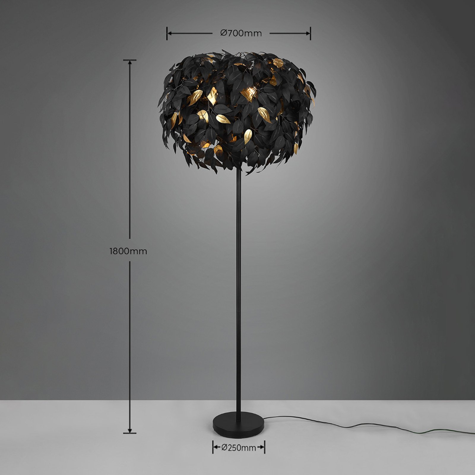 Подова лампа Leavy, черна/златна, височина 180 cm, пластмаса