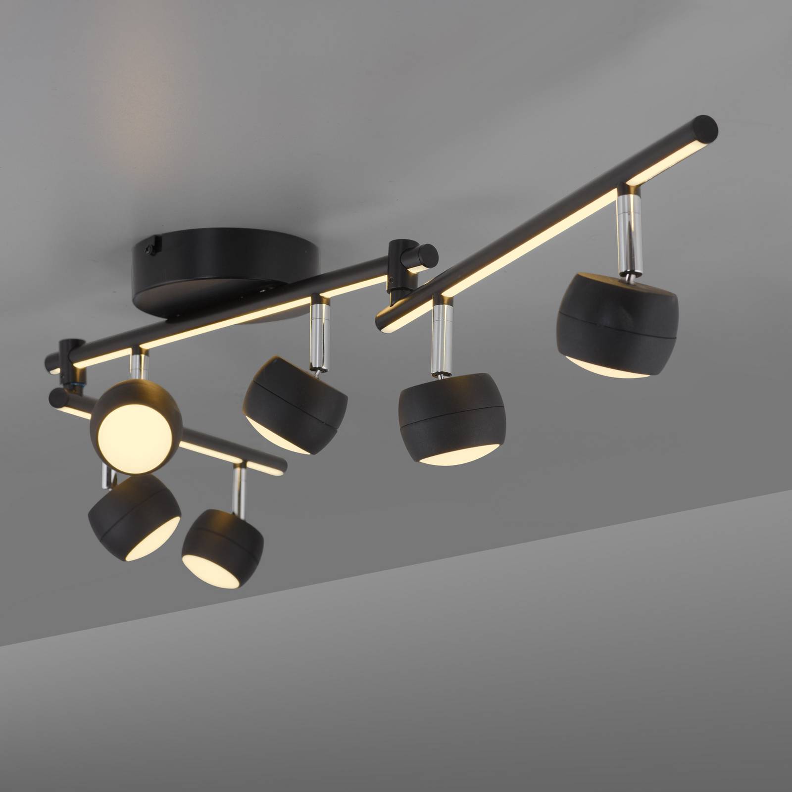 JUST LIGHT. Reflektor sufitowy LED Jarik, 6-punktowa, czarny, 3000 K