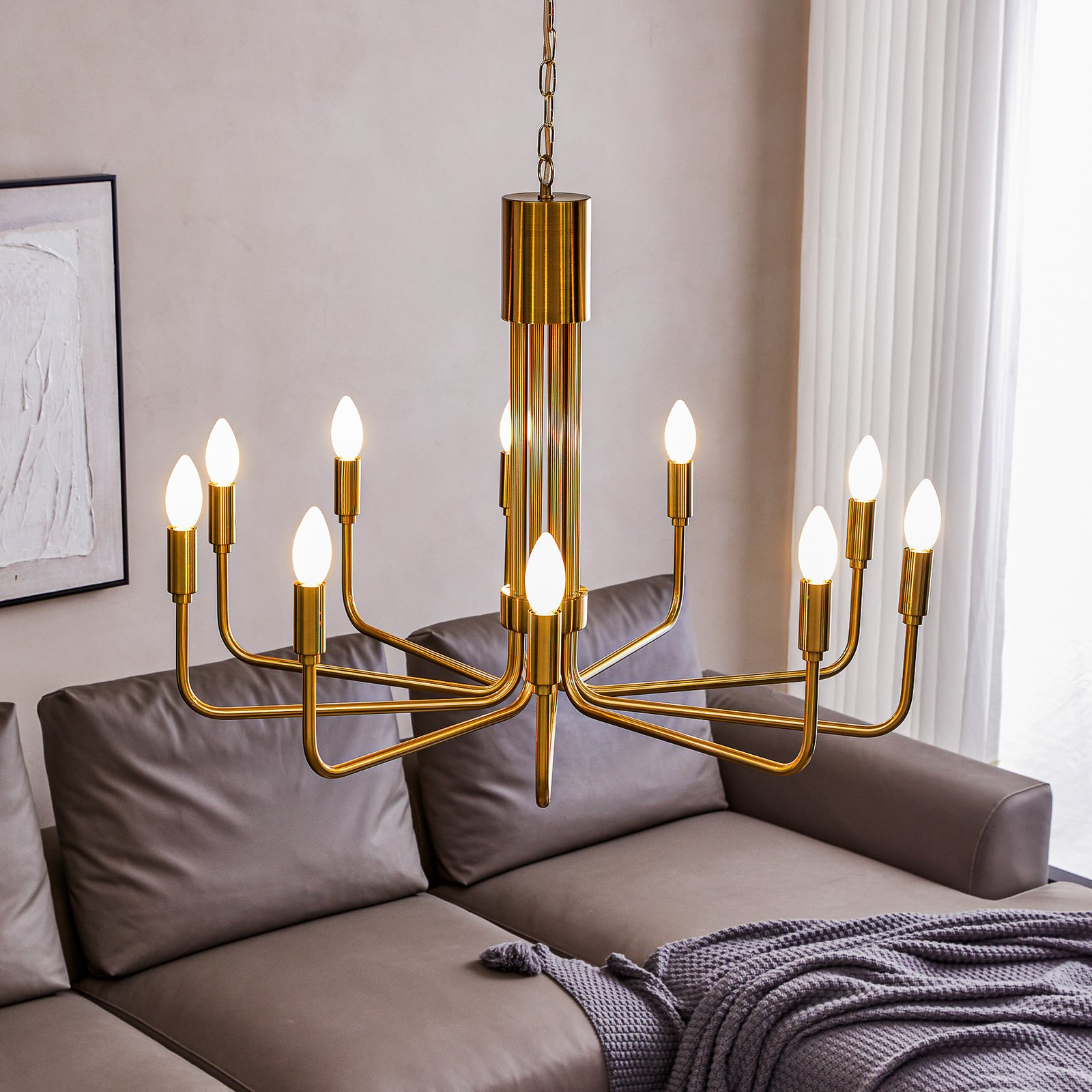 Lindby Elanova chandelier, 10-bulb, brass