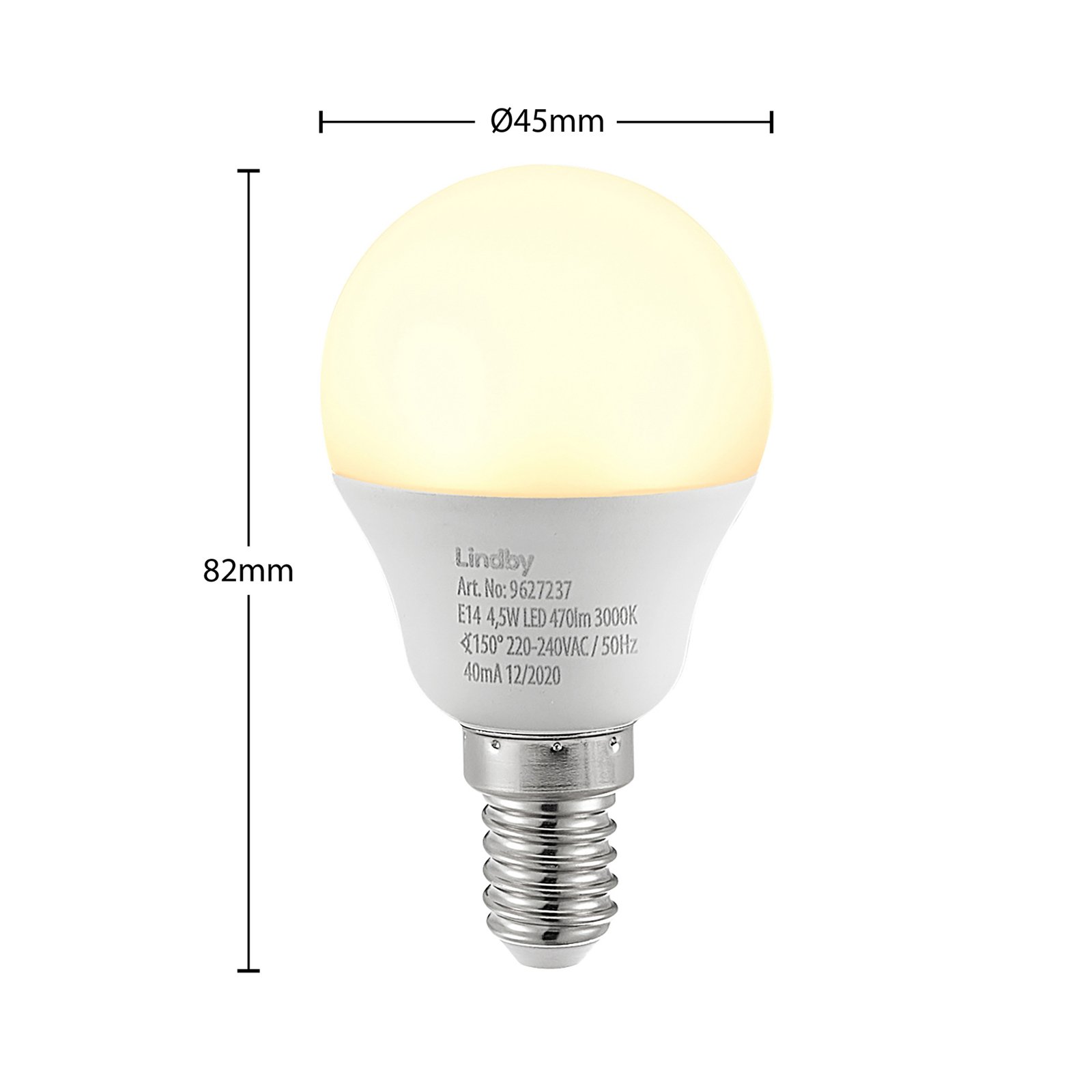 Lindby LED-pisaralamppu E14 G45 4.5W 3,000K opaali
