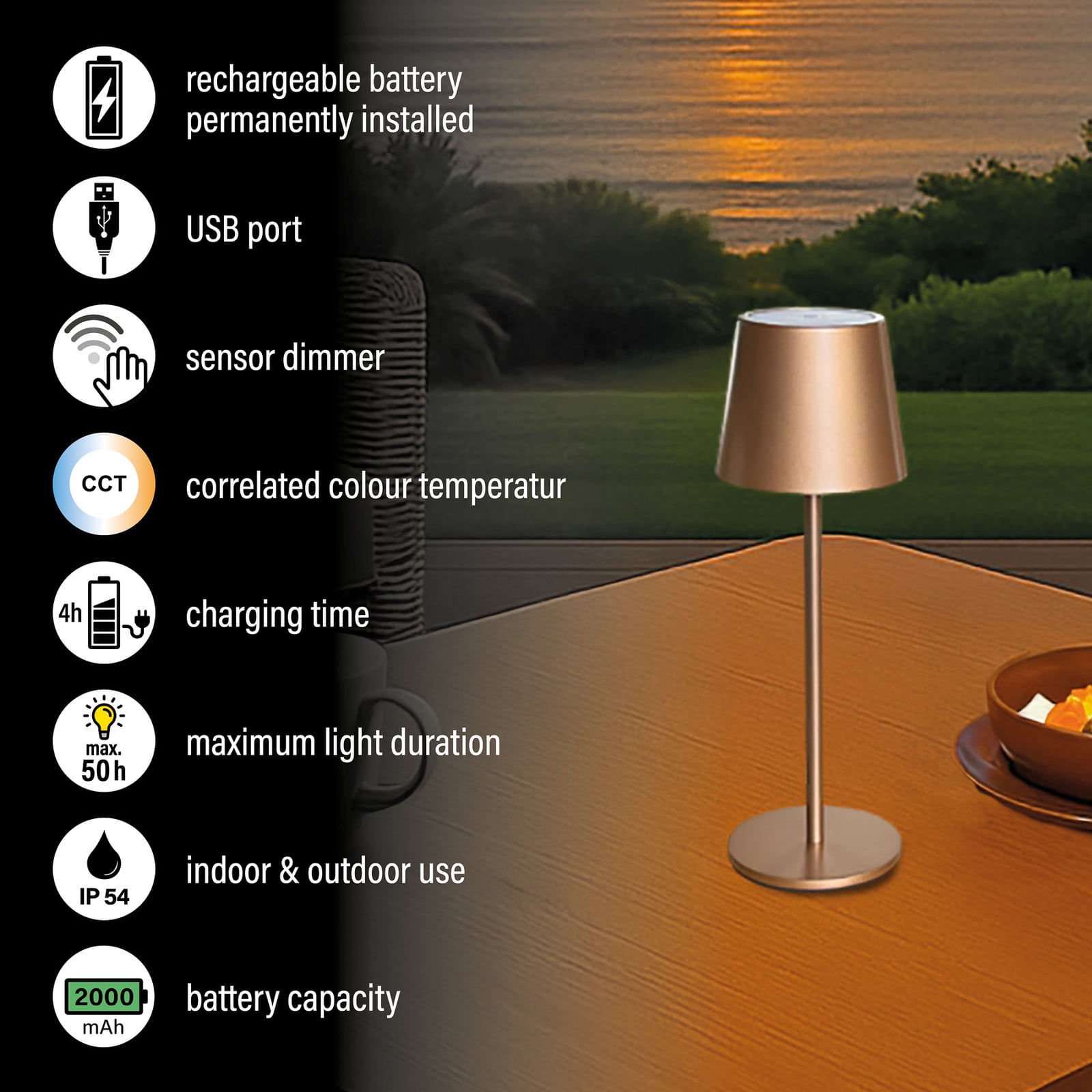 LED tafellamp Roxi, koffiekleurig, metaal, IP54, dimbaar