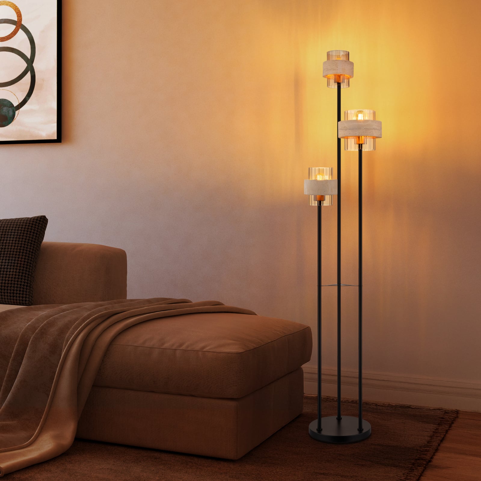 Golvlampa Daren, beige/bärnstensfärgad/svart, 167 cm, 3 lampor, E27
