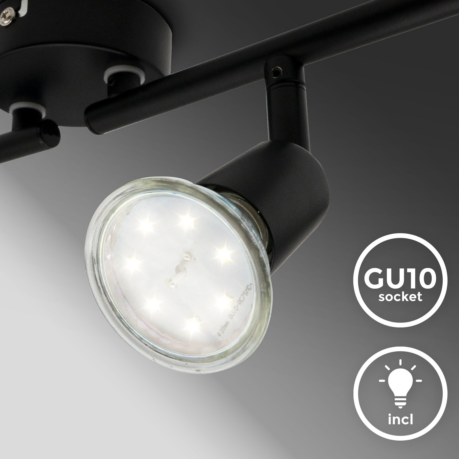 Plafondlamp Jade, zwart, 4-lamps, GU10 LED, 3.000 K