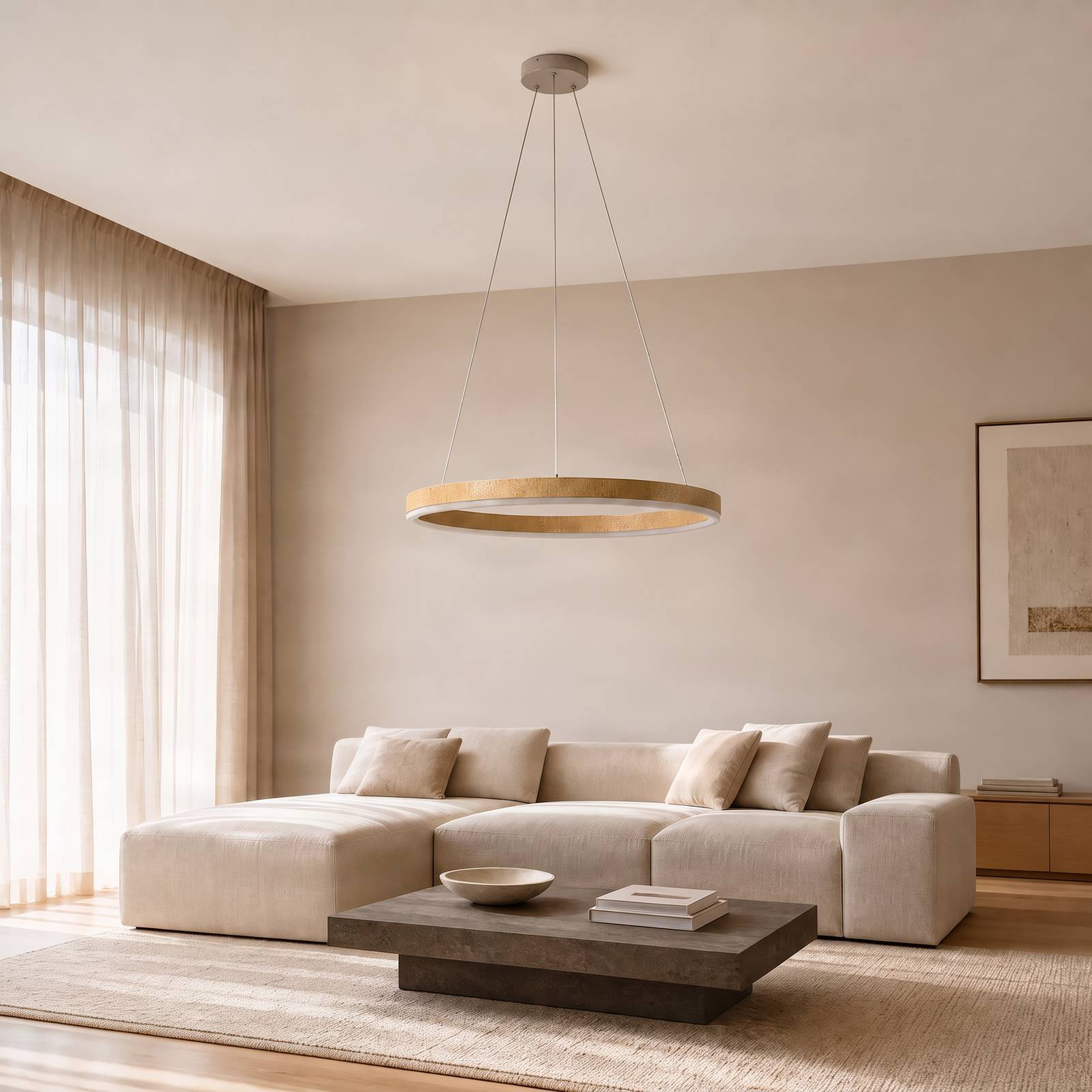 Żyrandol LED Lucande Thelma, dąb naturalny/szary, Ø 70 cm