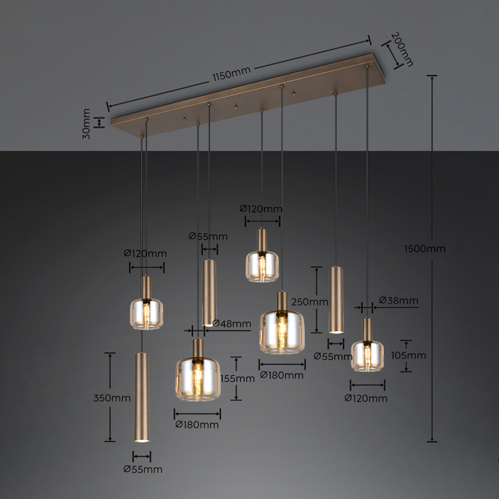 Piekaramā lampa „Mataro“, platīna krāsā, 118 cm, 8-zaru, stikls/metāls Piekaramā lampa „Mataro“, platīna krāsā, 118 cm, 8-zaru, stikls/metāls