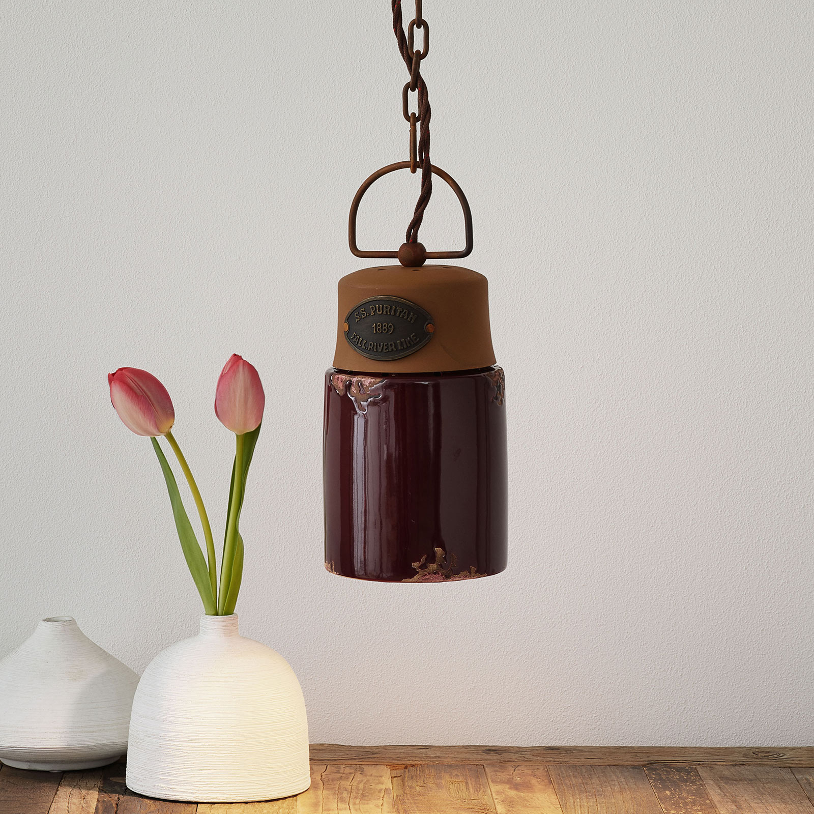 C1620 hanging light, ceramic and metal, bordeaux