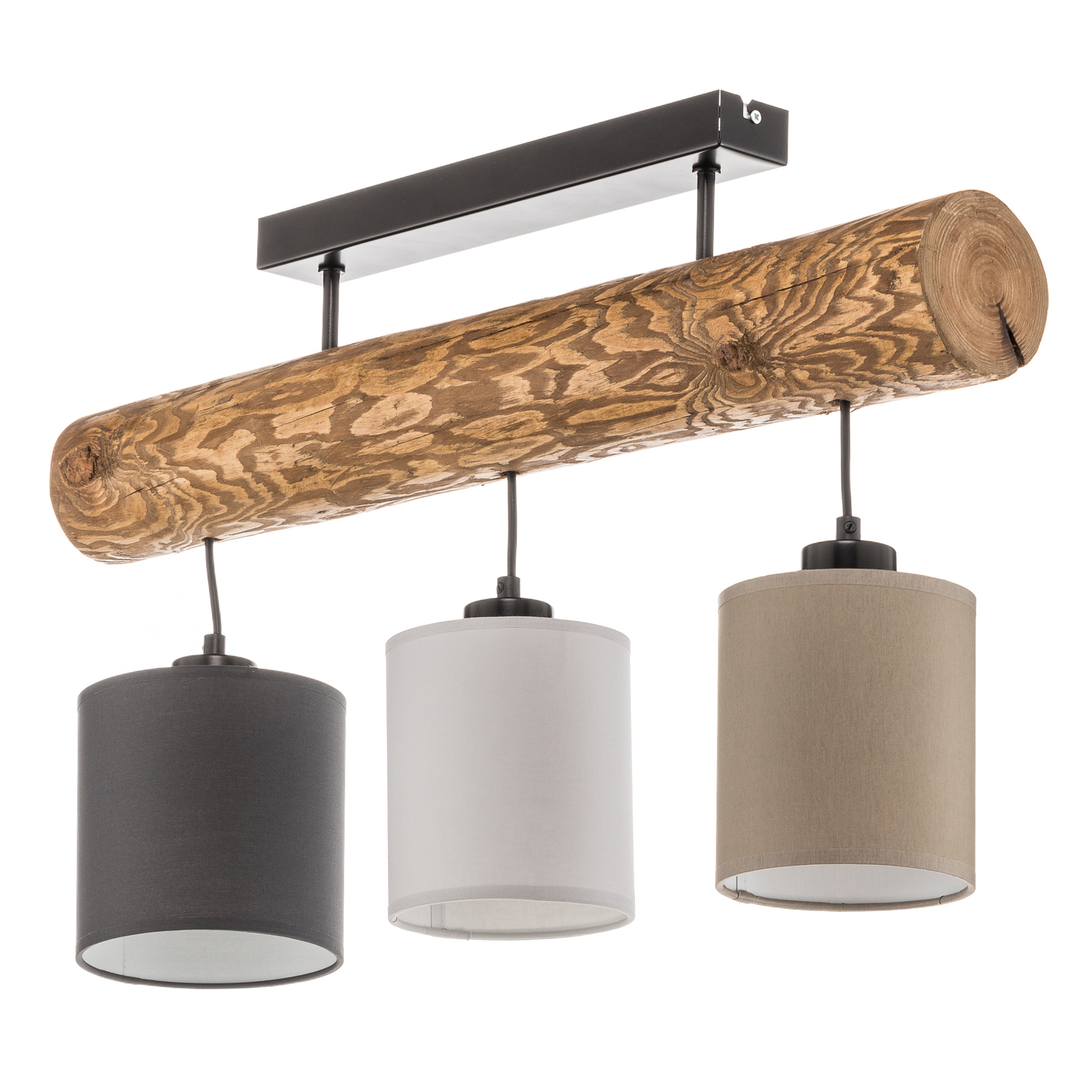 Deckenlampe Sachiko, Holzbalken, drei Stoffschirme