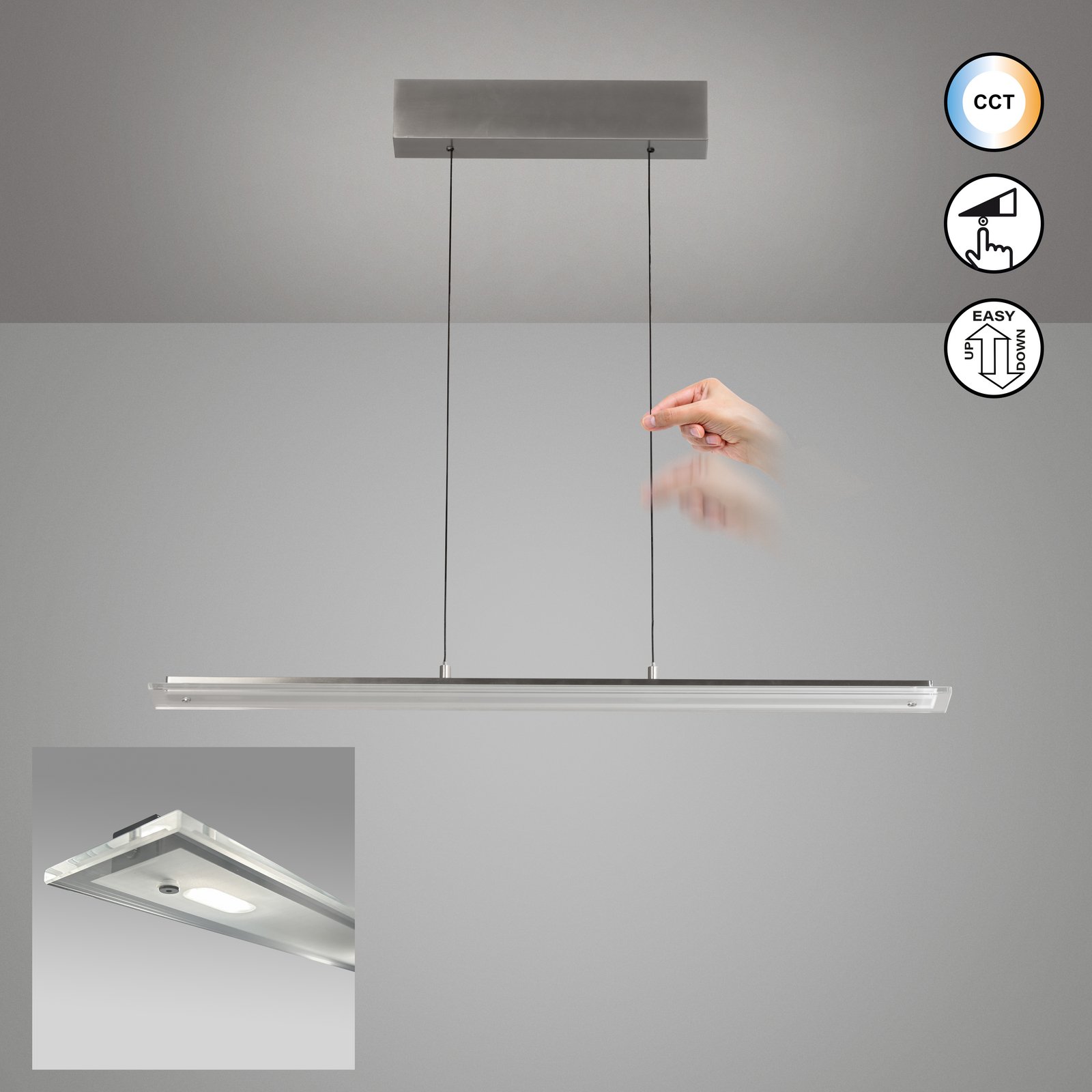 Lampa wisząca LED Torvi, długość 135 cm, niklowa/biała, CCT