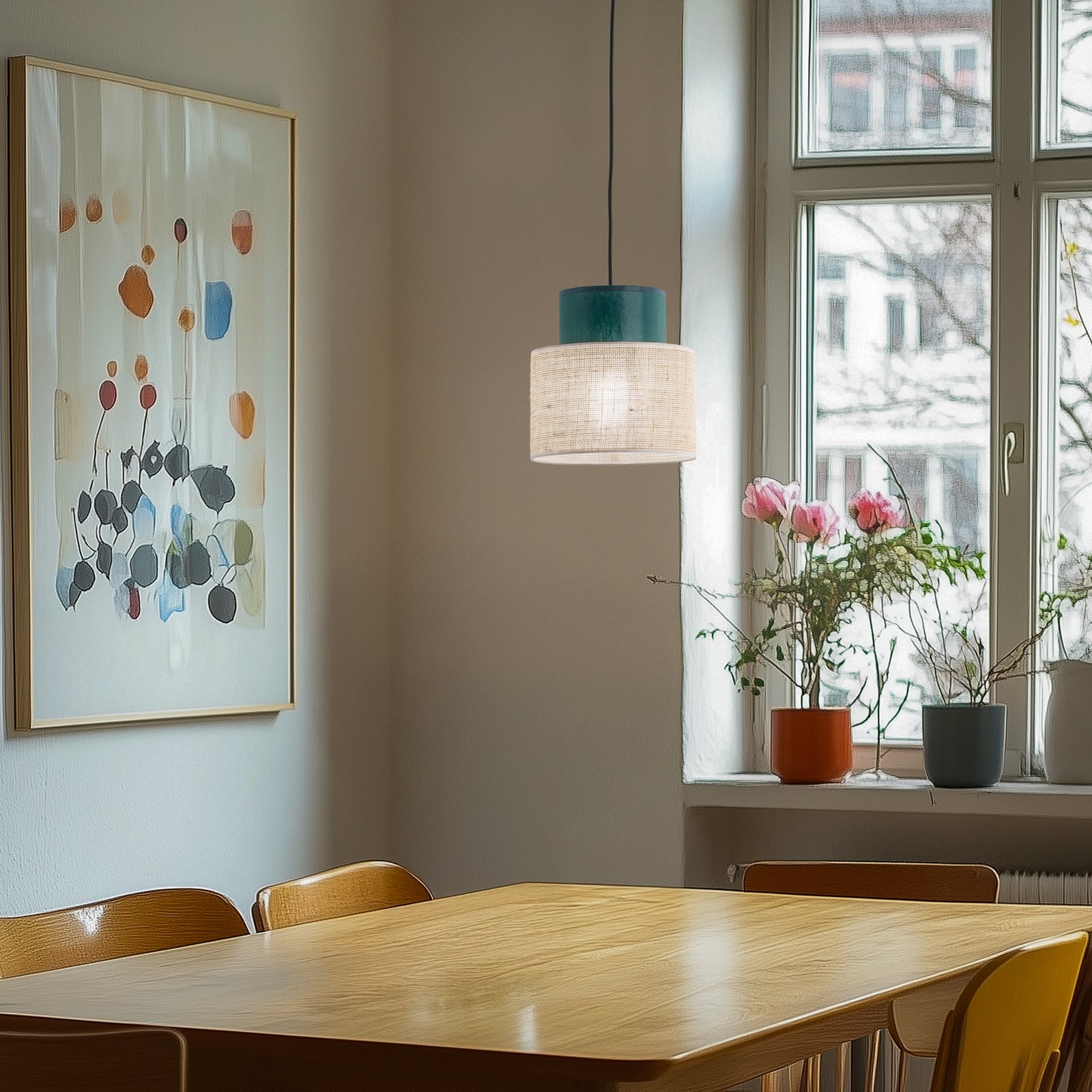 Lampa wisząca Duo, klosz z juty, petrol/naturalny brąz, Ø 20 cm