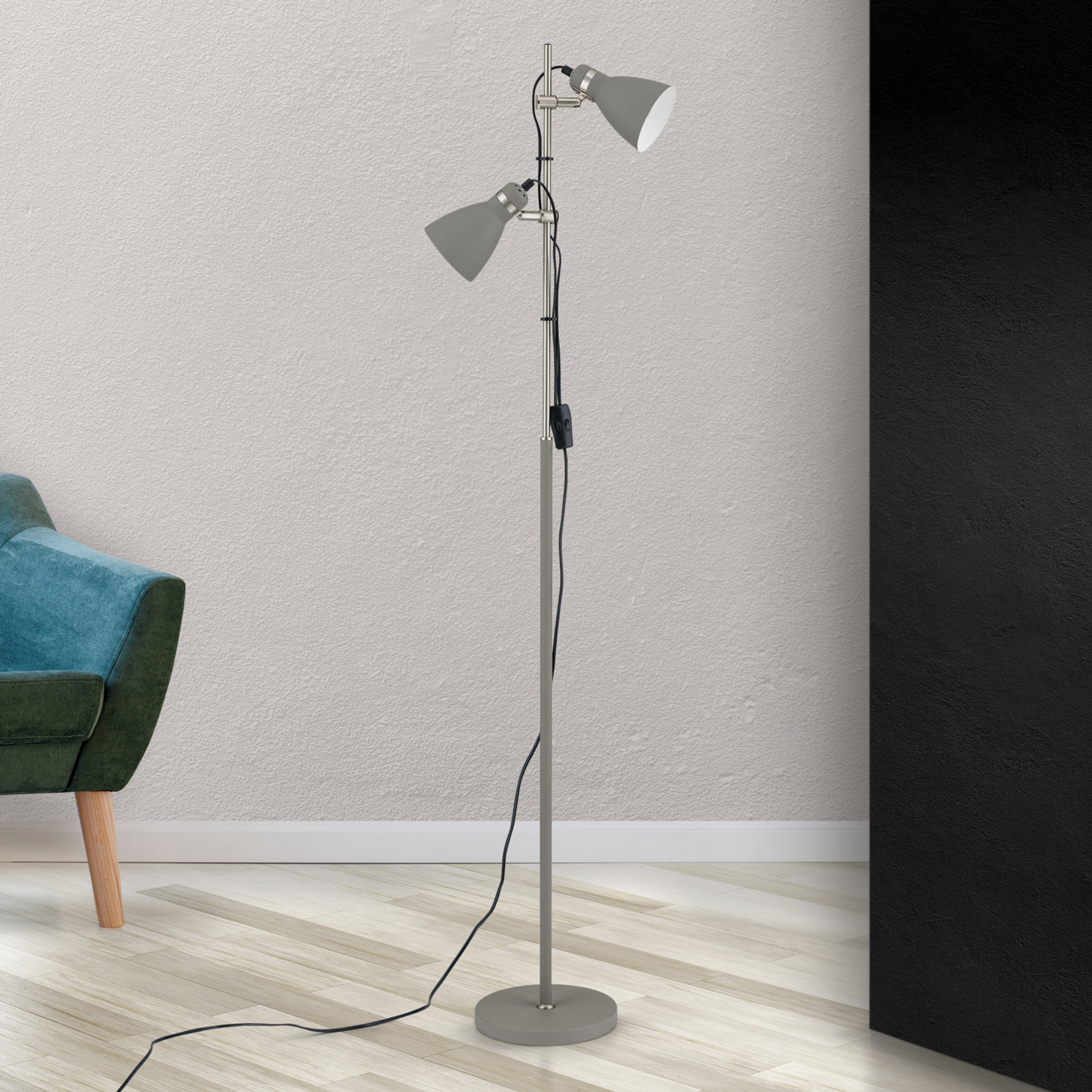School floor lamp with two spotlights, grey