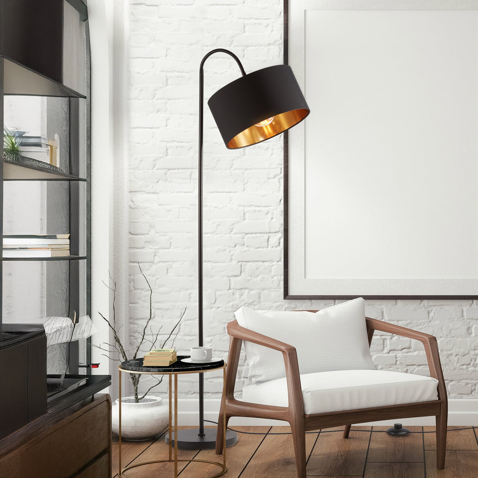 Lampadar Kari, curbat, negru/auriu, textil, E27