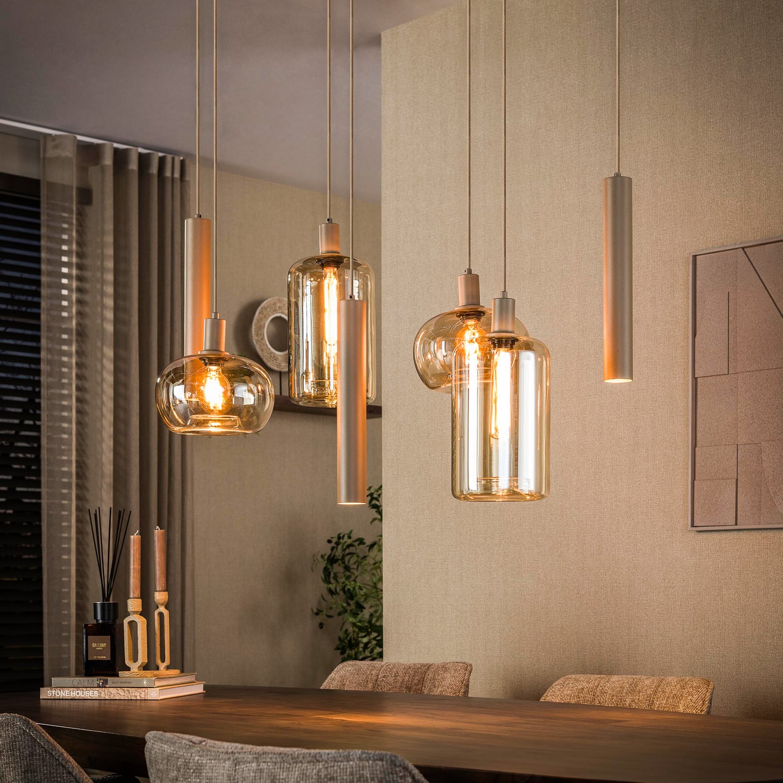 Pendelleuchte Serene, beige, Glas, 7-flammig, E27, GU10