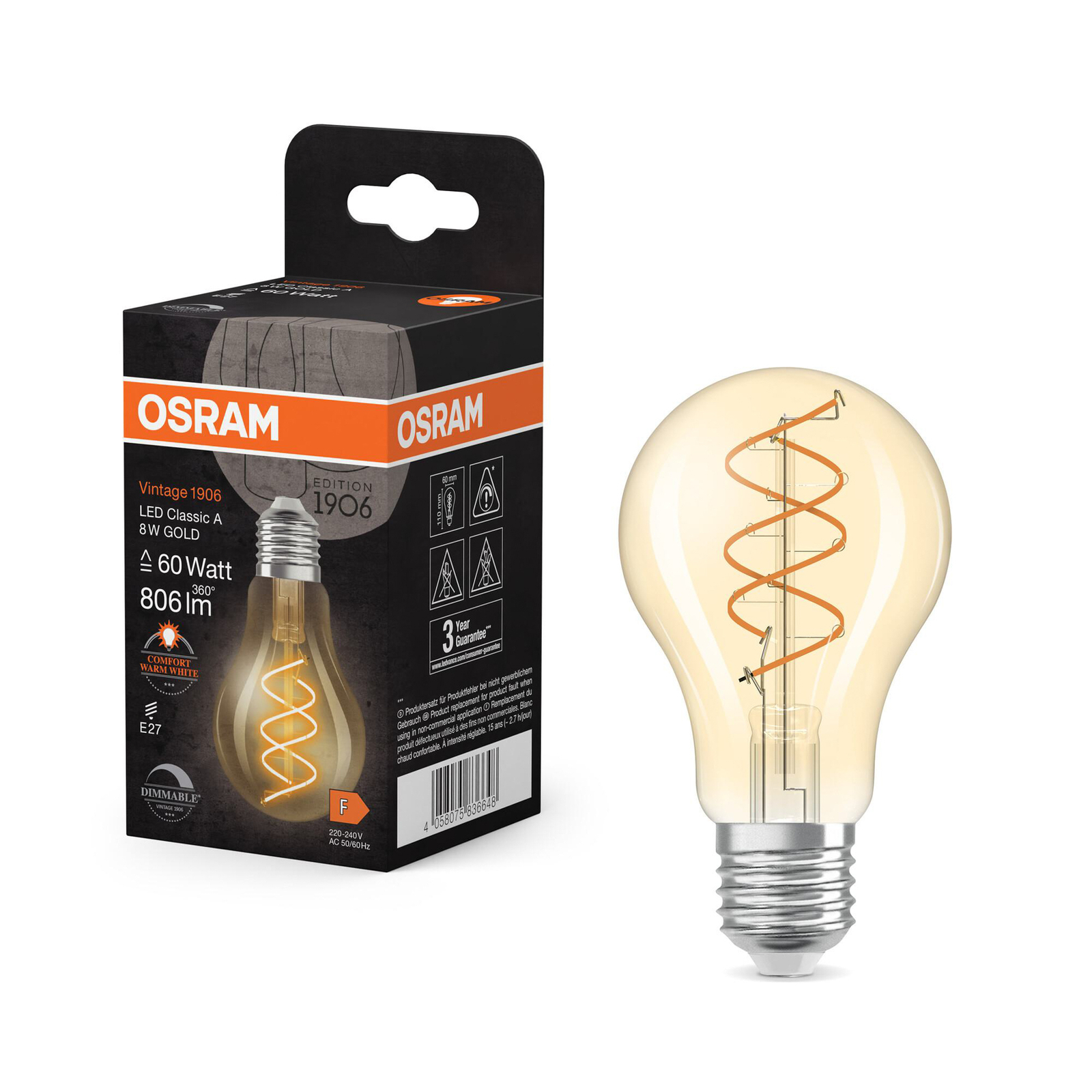 OSRAM LED Vintage E27 8W 2,200K Spiral Filament gull dimbar