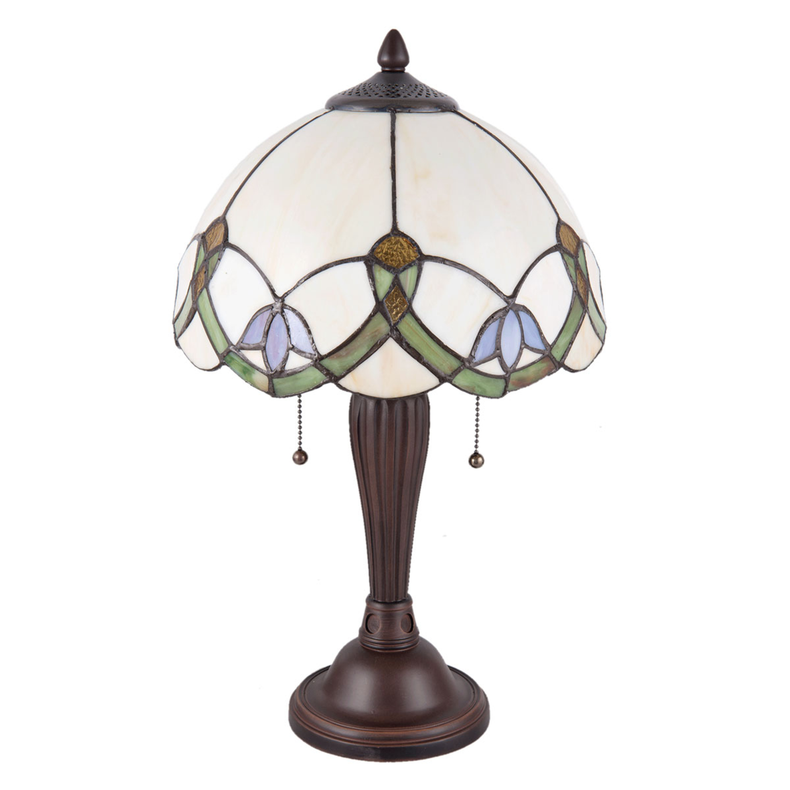 5918 bordlampe med hvit-fargerik Tiffany-design