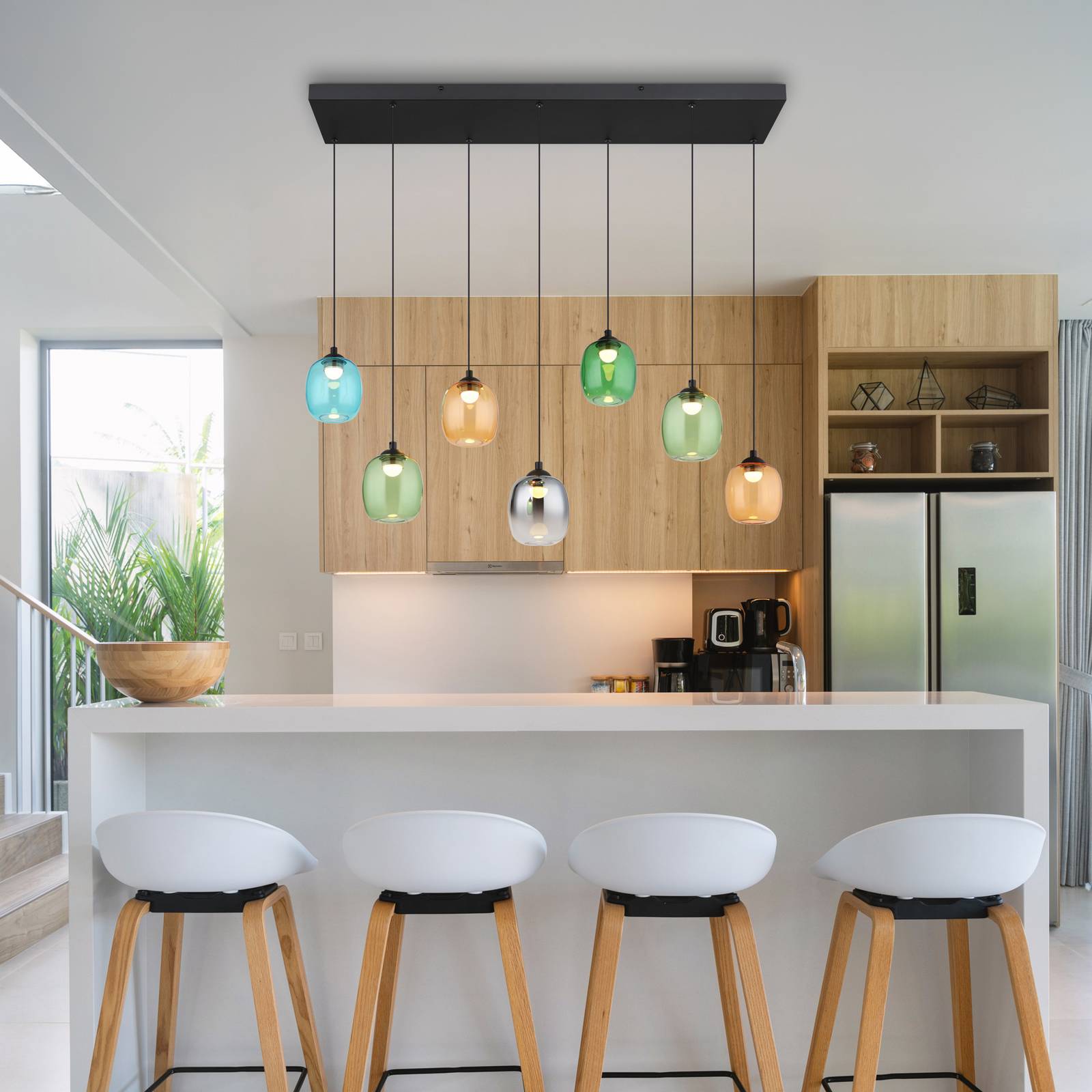 LED-Hängeleuchte Minara, 7-flg., Länge 102 cm, bunt, Glas günstig online kaufen