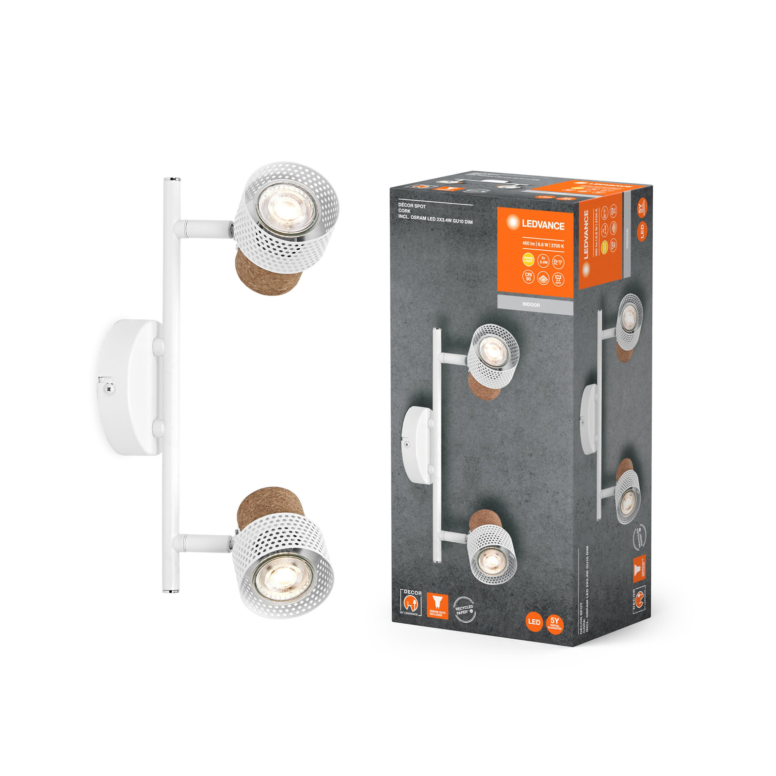 LEDVANCE LED-Deckenspot Cork, GU10, 2-fl., dimmbar, weiß