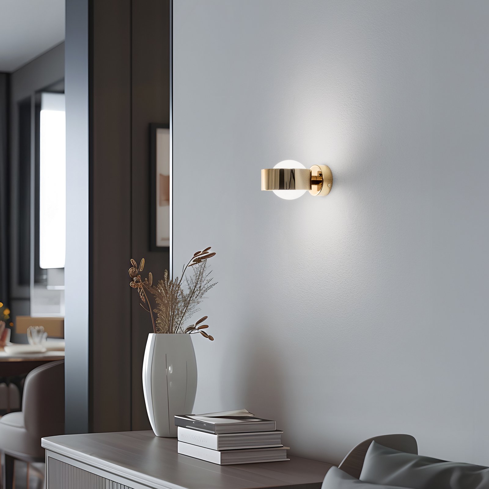 Aplique de pared Mado, acero color latón, cristal opalino, 1 luz Aplique de pared Mado, acero color latón, cristal opalino, 1 luz