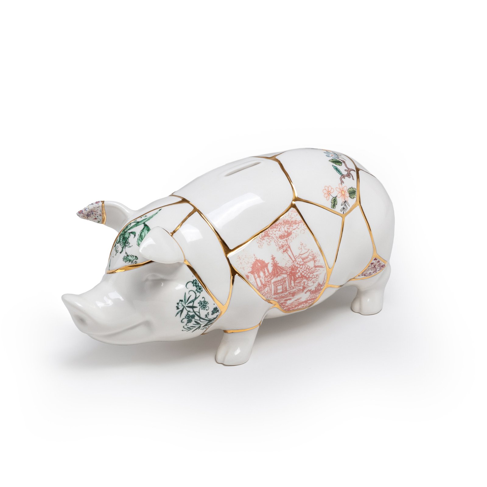 SELETTI Sparschwein Kintsugi, weiß / bunt, Porzellan, Gold