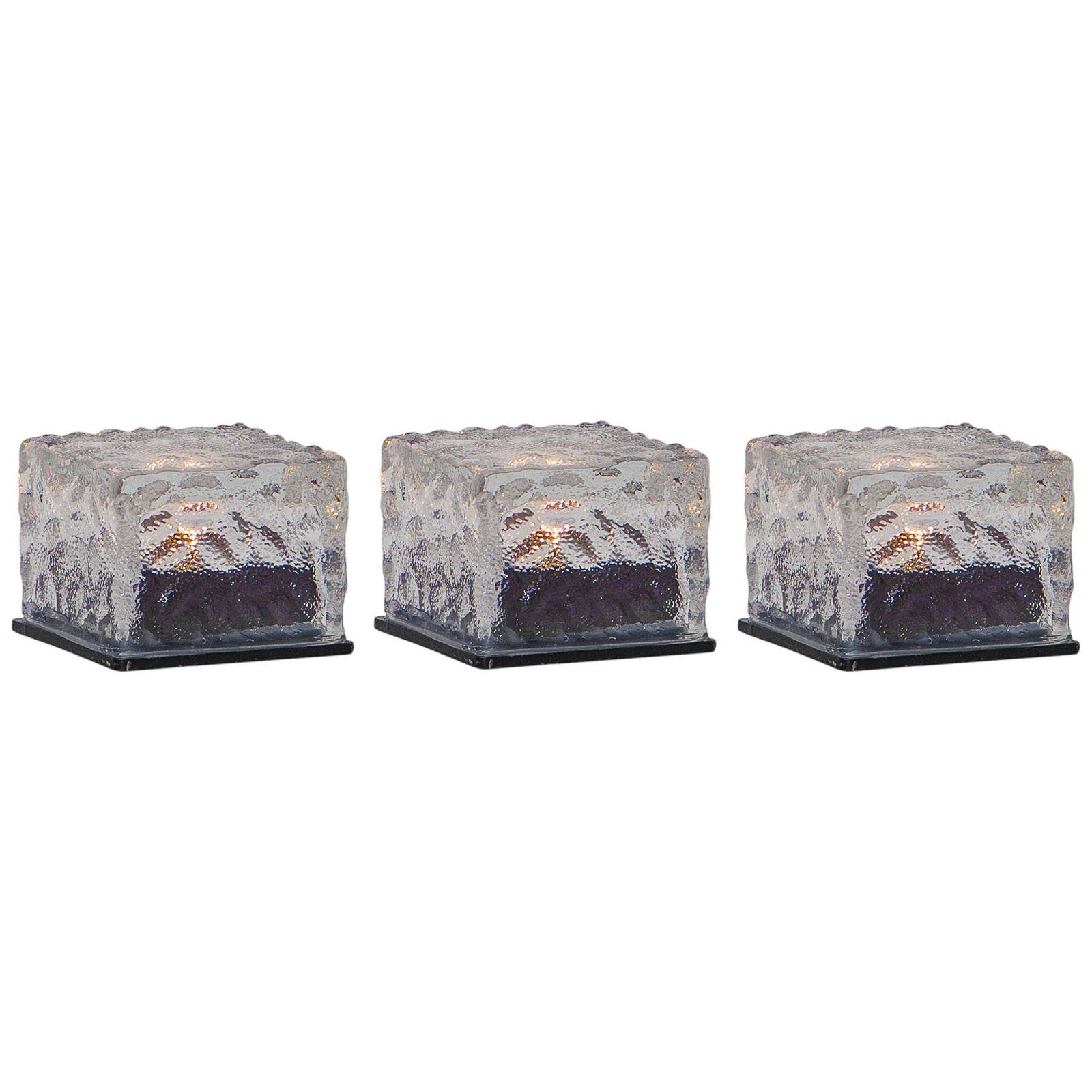 STAR TRADING Icecube LED solar candle, set of 3, ice cube shape, glass, plastic, 0.03 W, L: 7 cm, W: 7 cm, H: 5.5 cm
