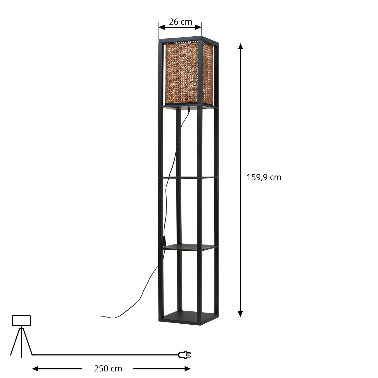 Lindby Stehleuchte Birta, schwarz/natur, Regal, Rattan