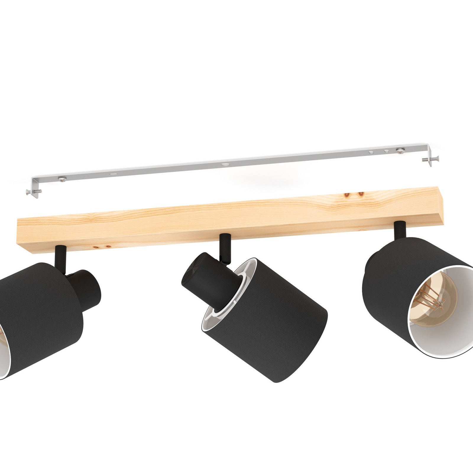 Προβολέας οροφής Batallas, μήκος 48 cm, μαύρο/ξύλο, 3-φωτισμός.