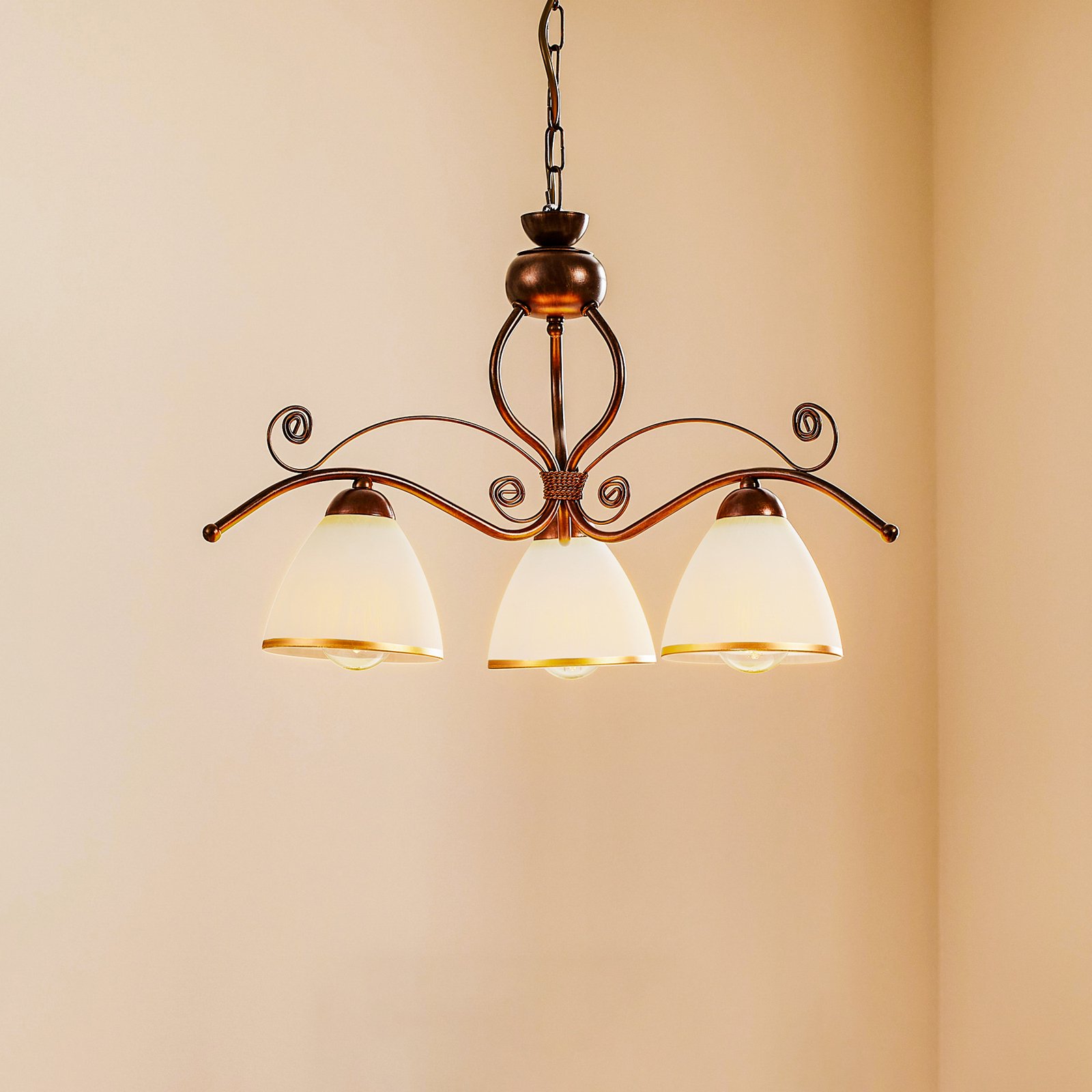 Roma hanging light in white and brown, three-bulb