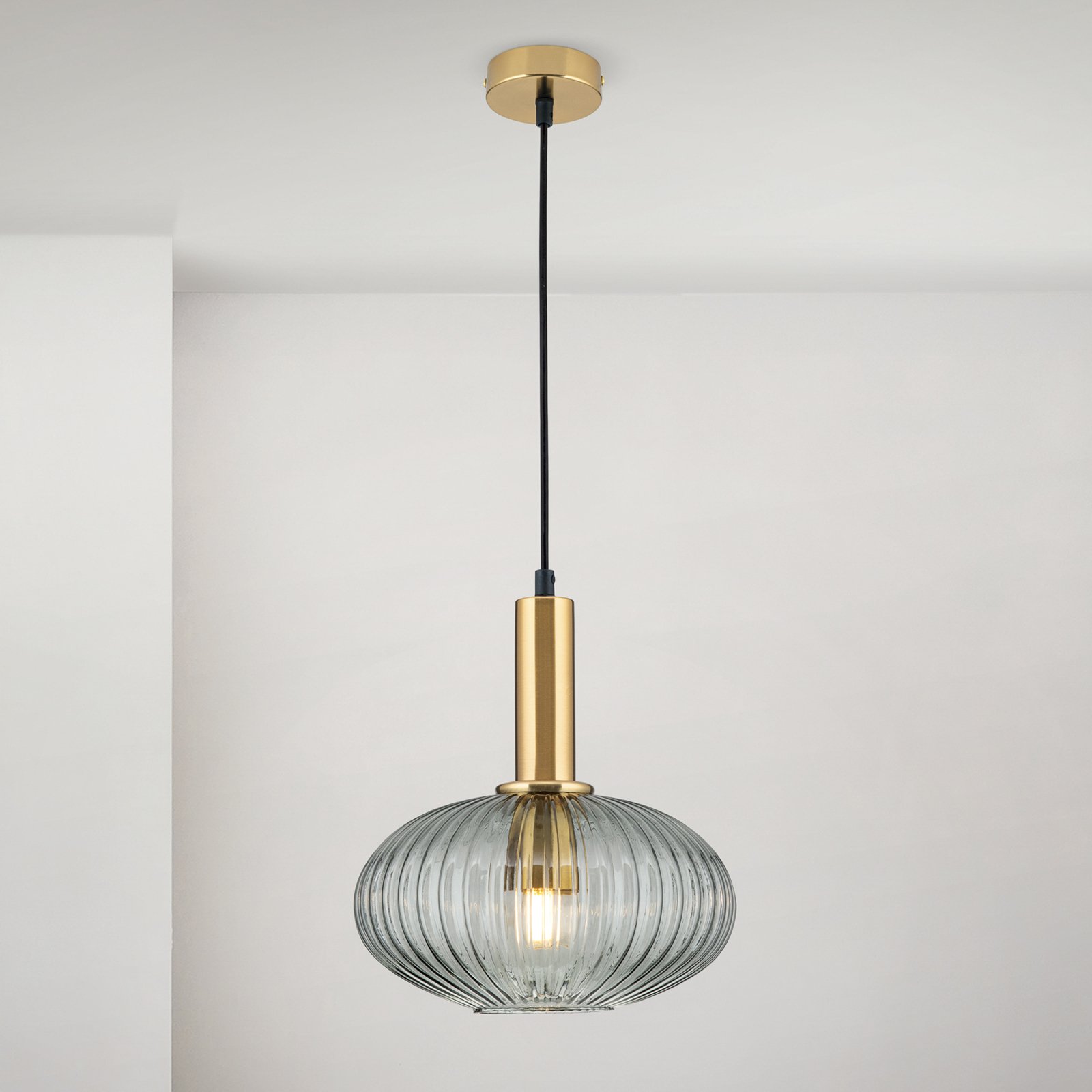 Carneval pendant light, antique brass/smoke grey, Ø 25 cm, glass