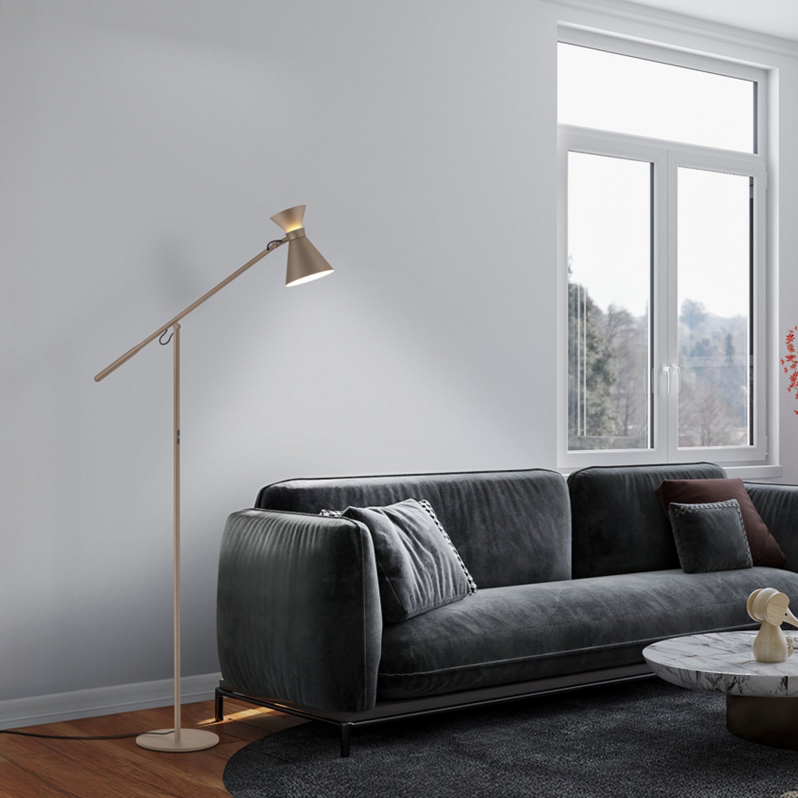 Lampa stojąca LED Helestra LUK, brązowa, ściemniany, regulowana wysokość