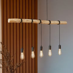 Lindby hængelampe Rom, 5 lyskilder, træ, reb, sort, 116 cm