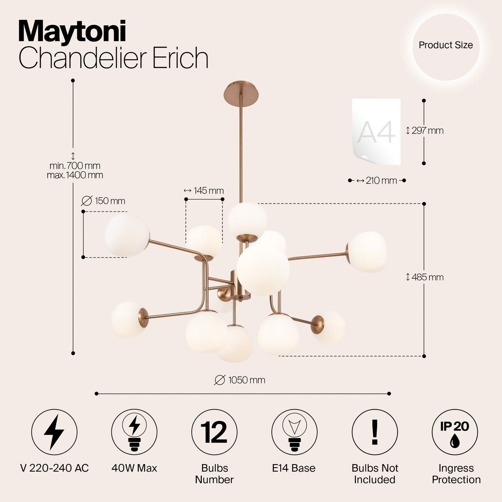 Maytoni Erich chandelier, brass rosé glass/metal, 12-bulb