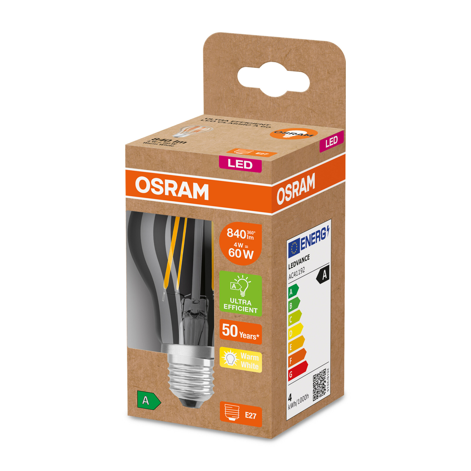 OSRAM LED bulb E27 A60 4W 840lm 3,000K clear