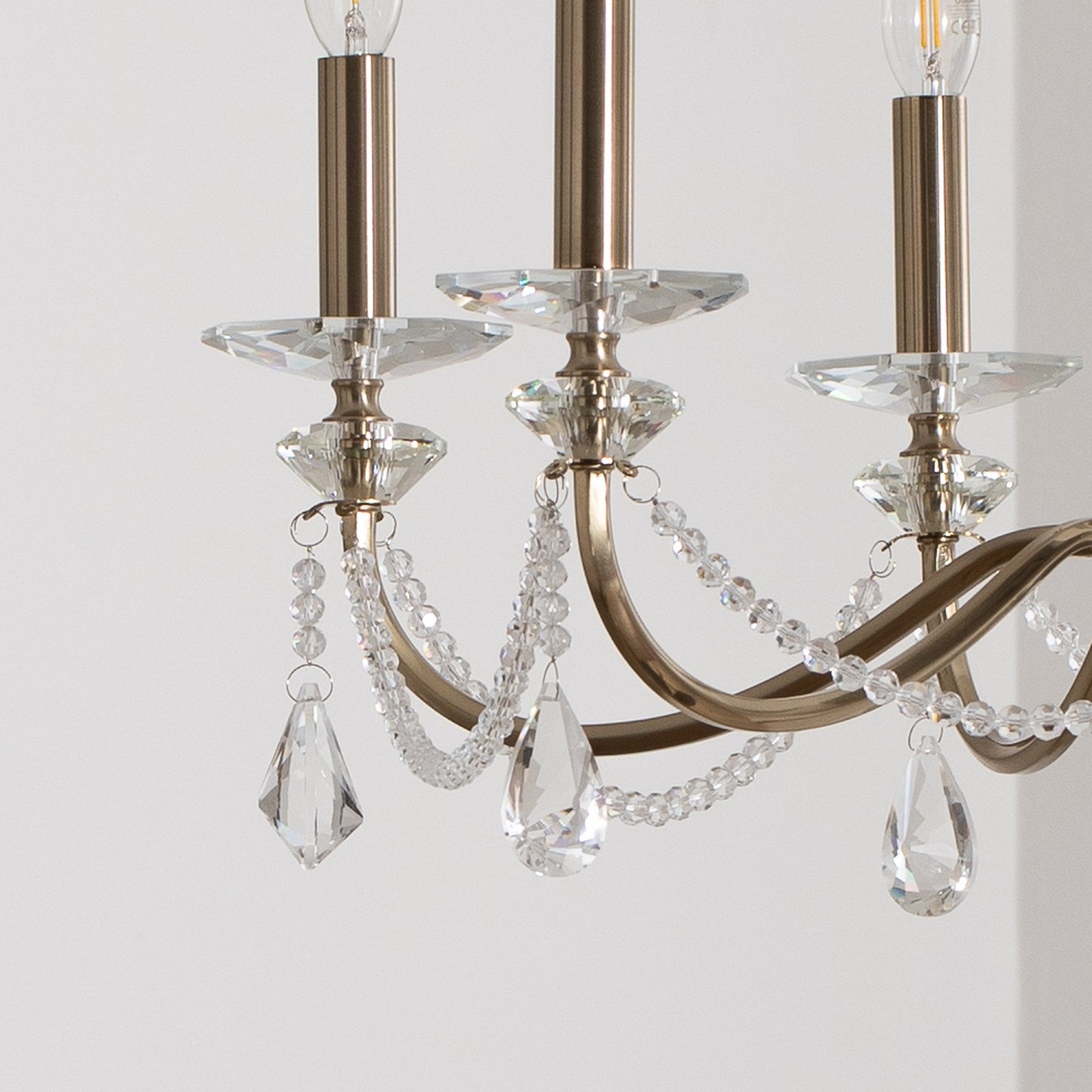 Chandelier Adone, 6-bulb, brass, Ø 70 cm, crystal glass