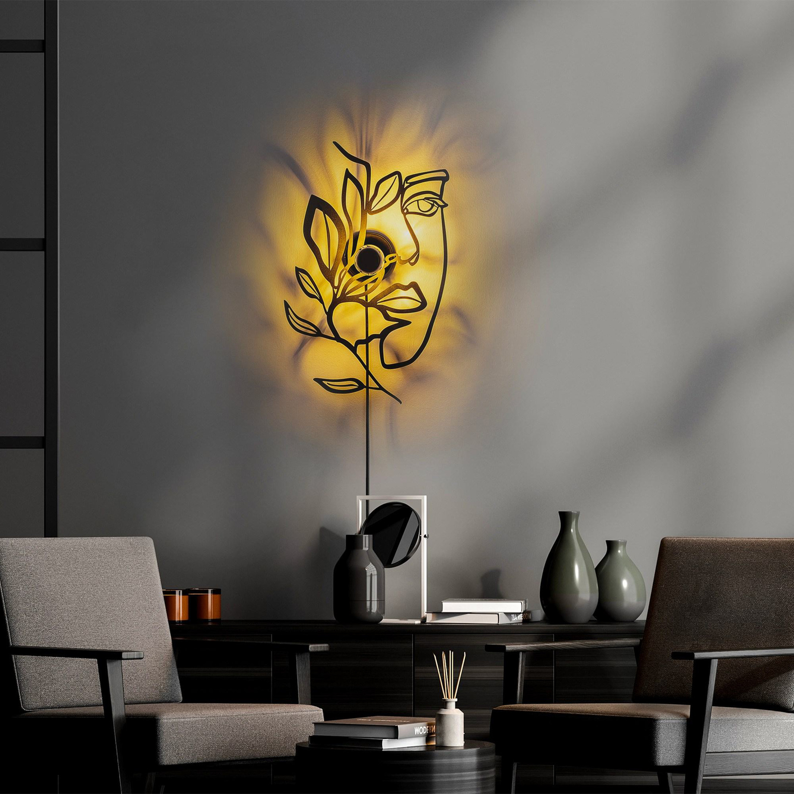 Wandlamp Flower Faced, zwart, metaal, 54 x 34 cm, stekker