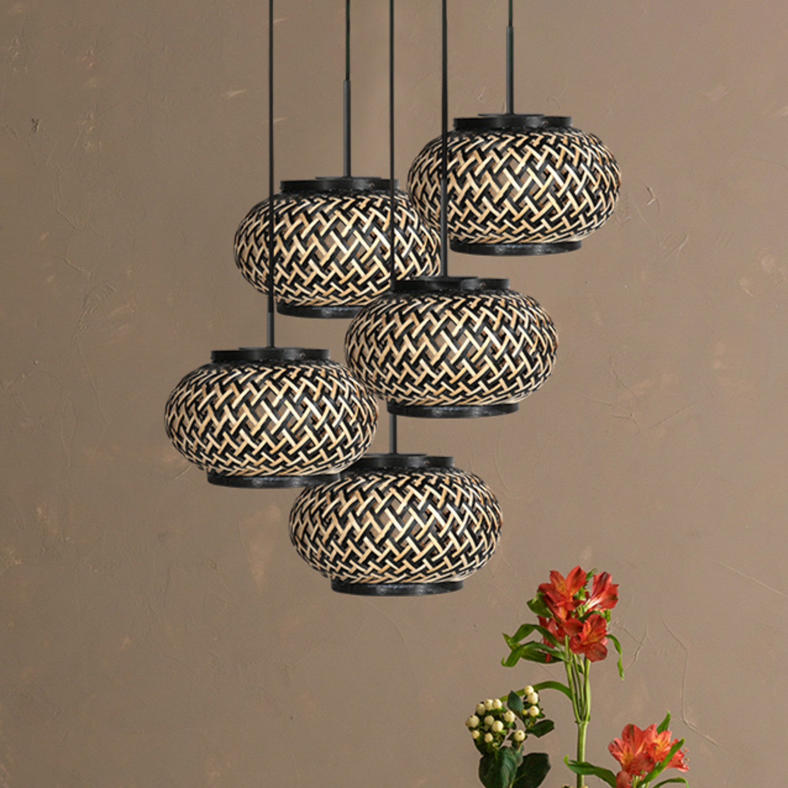 Steinhauer Lampă suspendată NoxLight 5 becuri rotundă neagră împletitură de bambus - Camera de zi / sufragerie - negru natural - Metal